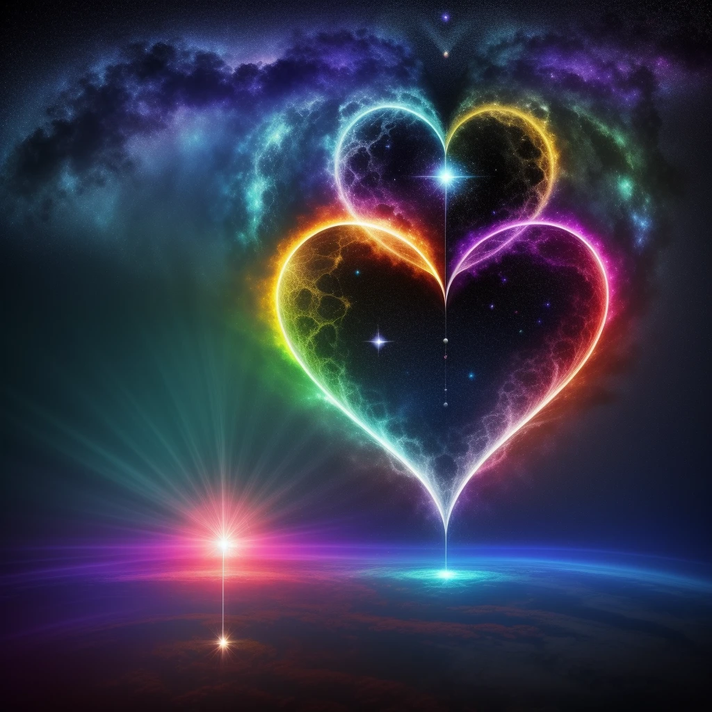 Create an image that represents the fusion of the human heart with the supernatural realm and the vast universe. Imagine an ethereal and mysterious scenario. No centro da imagem, A human heart shines with a soft, sparkling light. The heart seems to be floating in a translucent mist, evoking a sense of mystery and transcendence. From the heart, emanates a series of projections, each representing a unique aspect. Some projections take the form of elements of nature, like branches of trees, flower petals or dancing flames, evoking a deep connection to the natural realm. Other projections extend into outer space, turning into bright constellations, distant galaxies or rays of shooting stars. These cosmic projections symbolize the expansion of human emotion beyond the limits of the Earth, conectando-se ao vasto universo. A paleta de cores inclui tons de azul celeste, violeta profundo e dourado, Creating a magical and spiritual atmosphere. The soft light emanating from the heart and projections contributes to a sense of peace and awe. The resulting image captures the idea of a human heart that transcends earthly boundaries, Exploring the Supernatural and Cosmic Realms. This fusion of the human and the divine creates a visual narrative that evokes the search for the deepest emotional connection and the expansion of one's own essence into the vast universe."