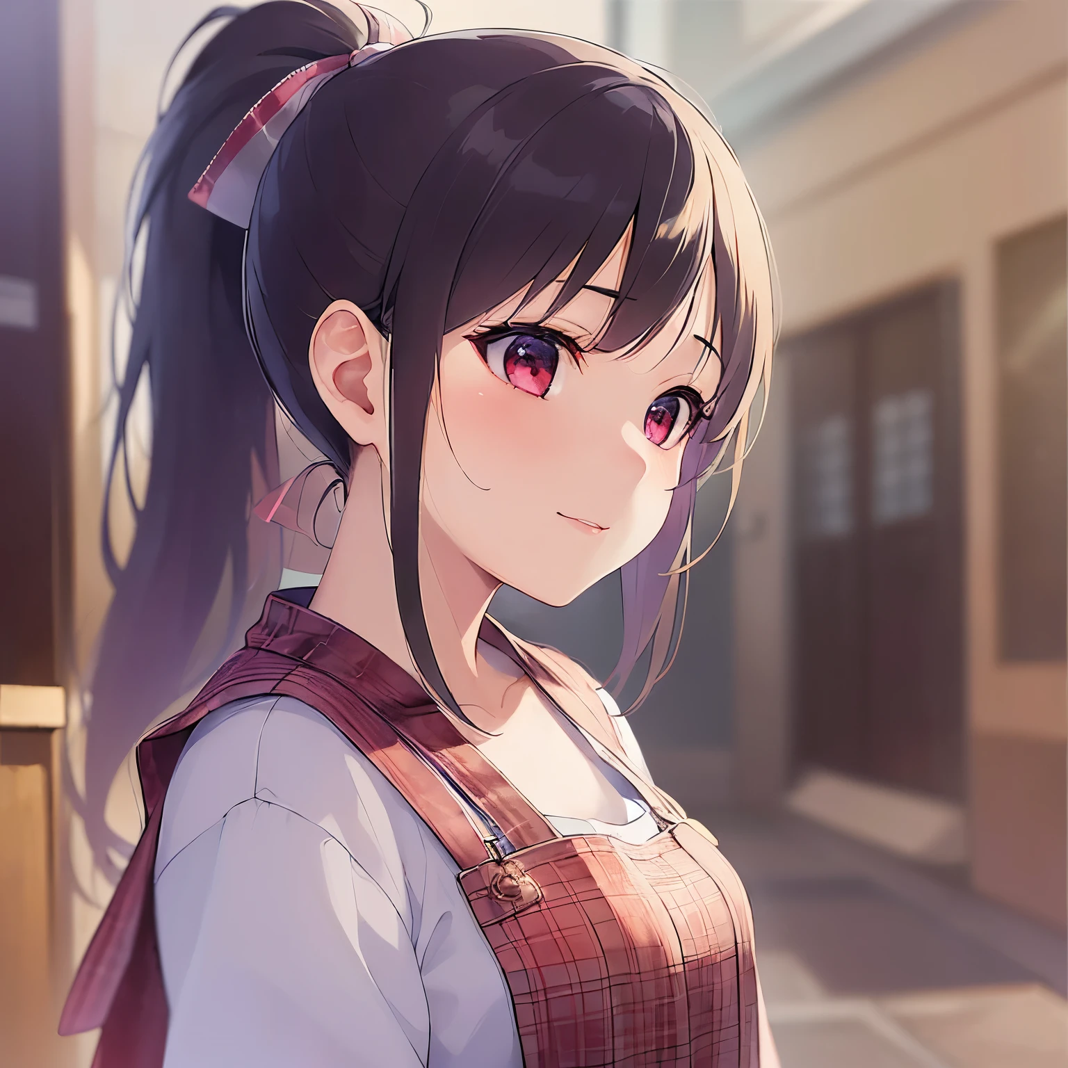 (looking away:1.5), side angle, high quality、masterpiece、Realistic, real person, RAW photo, photorealistic, portrait photography, shiny skin, japanese idol、shiny hair、(25 year old woman with black bangs) and (ponytail:1.2) and (red eyes), curvy, He wears a plain white shirt with long sleeves., (wearing a red apron:1.3)、face waiting for kiss, smile, 