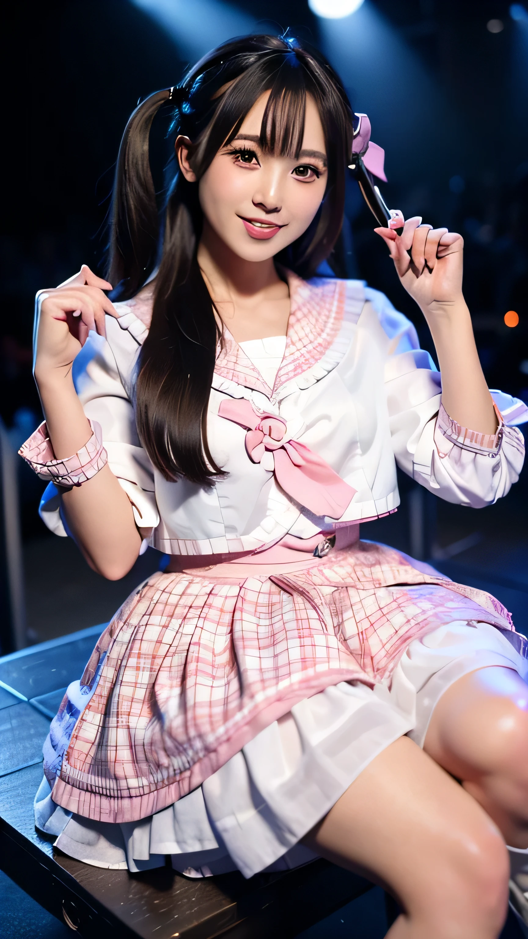realistic, photorealistic, masterpiece, highest quality, Idol_costume, boots, 1 girl, alone, smile, Idol, whole body, looking at the viewer, long black hair, twin tails, Sitting in the stereo, stage, stage lighting, stage spotlight, detailed background, audience,