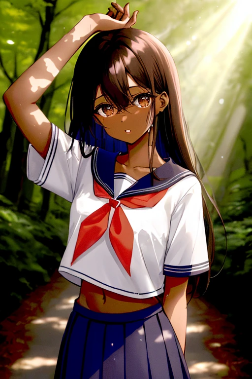 masterpiece, high quality, highres, 1girl, looking at viewer, face focus, (collarbone), (navel), (thighs), ((dark skin)), wet skin, very long Black hair, Each strand of hair is fine, hair between eyes, long bangs, messy hair, Wet hair beautiful and delicate ((brown eye's)), eye's in highlight, catch light eyes, specular highlight eyes, parted lips, midriff sailor school uniform, short sleeve, red color neckerchief, dark Blue pleated skirt, Yakushima, komorebi, sunlight filtering through the trees, the sunlight shining through the leaves of trees, bokeh, Blurred Backgrounds, depth of field,