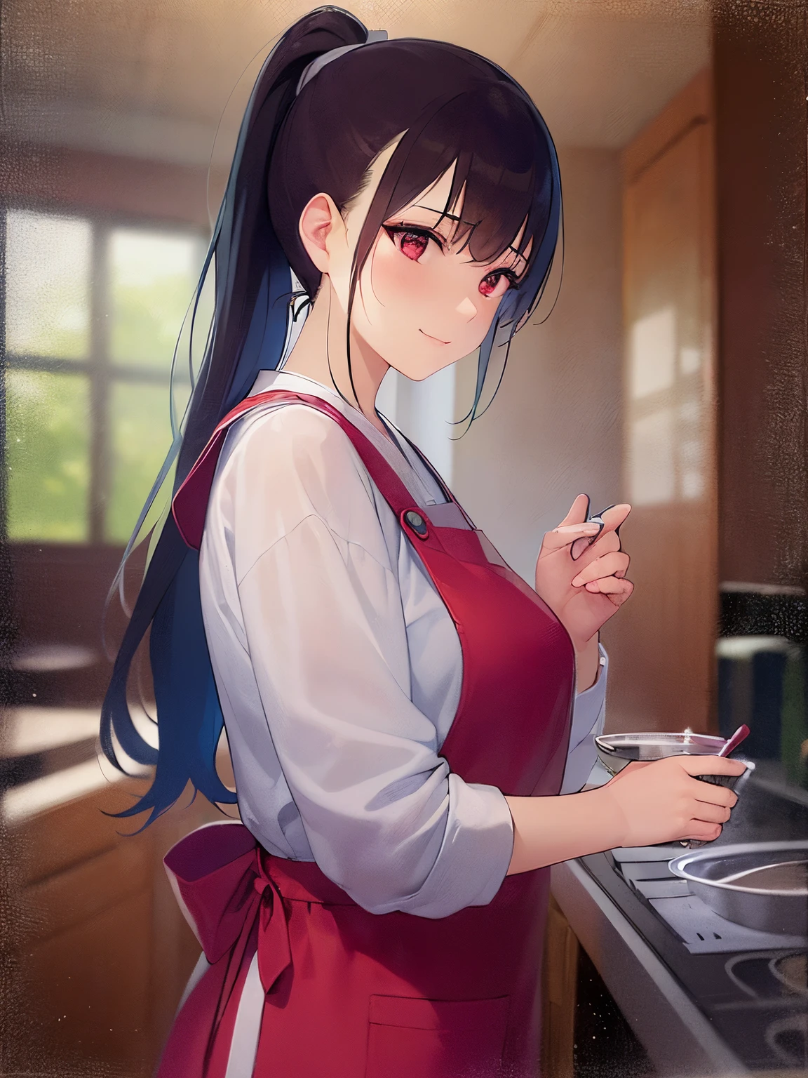 (looking away:1.5), side angle, high quality、masterpiece、Realistic, real person, RAW photo, photorealistic, portrait photography, shiny skin, japanese idol、shiny hair、(25 year old woman with black bangs) and (ponytail:1.2) and (red eyes), curvy, He wears a plain white shirt with long sleeves., (wearing a red apron:1.3)、face waiting for kiss, smile,