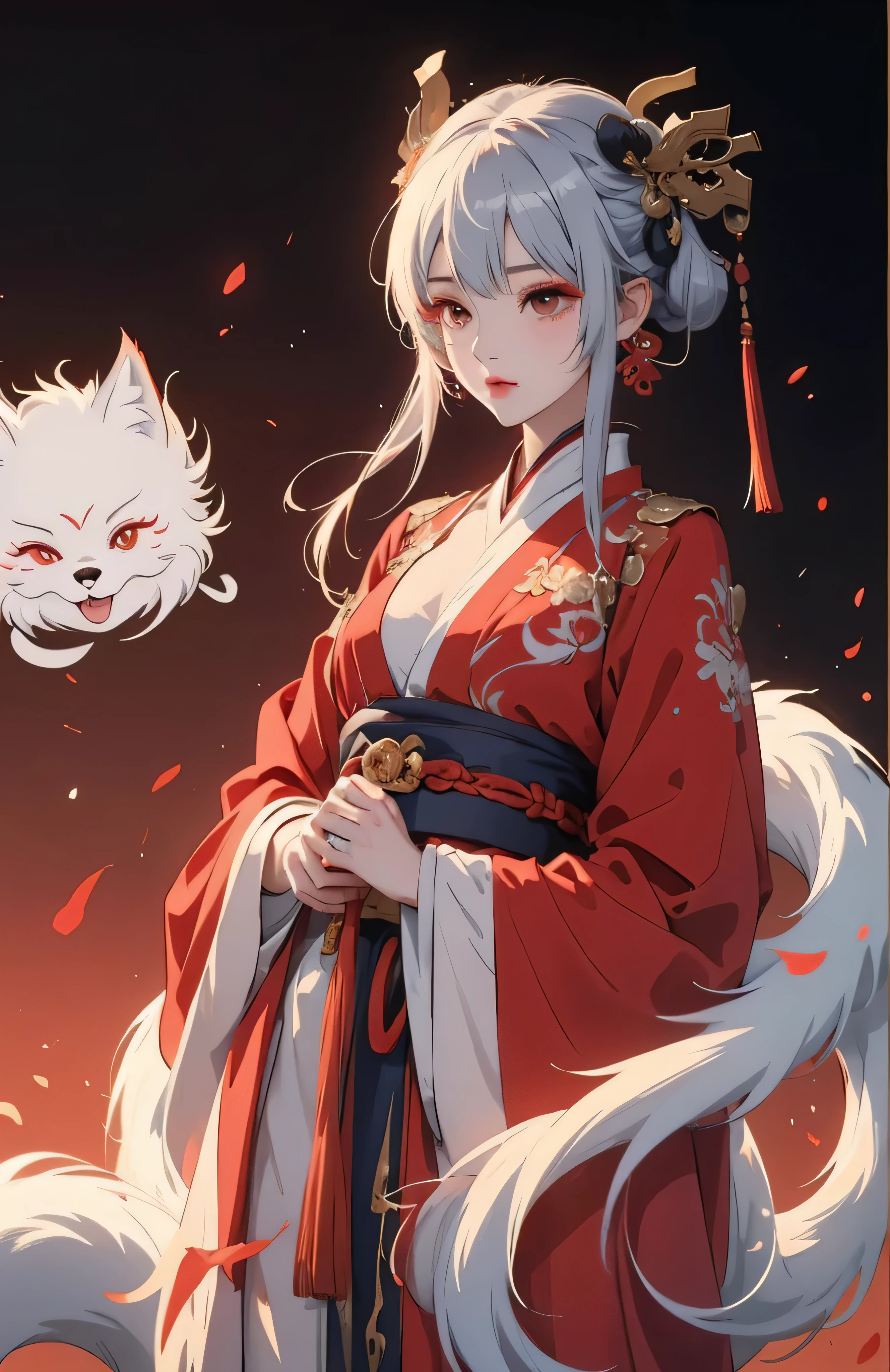 一个穿着红白裙子的女人抱着一条白dragon, palace ， girl wearing hanfu, dragon女肖像, dragon, Chinese style, White-haired God, style anime, Onmyoji portrait, High quality anime art style, Onmyoji, guweiz, anime style 4k, anime cover, Beautiful anime style, beautiful fox girl