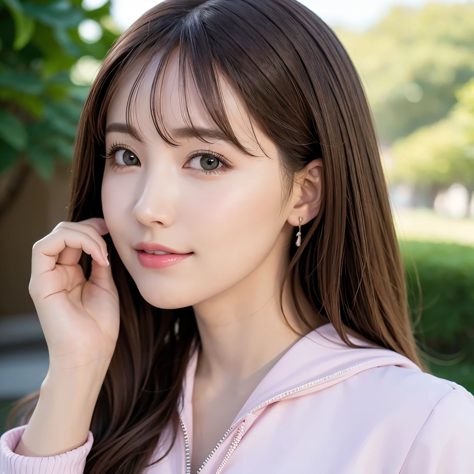 (highest quality、table top、8K、best image quality、Award-winning work)、one beautiful woman、Shining beautiful skin、(Competition windbreaker with stylish design:1.2)、(pink stylish sportswear:1.2)、Shiny ultra-high definition skin、(accurate anatomy:1.1)、A gentle smile looking at me、(upper body photo:1.1)、Standing gracefully、(Blurred wide park background:1.1)、portrait photography、(draw softly and smoothly:1.1)、very romantic、光を受けてShining beautiful skin、(very bright and refreshing:1.1)、(the most detailed and perfect face:1.1)、(The most detailed sparkling eyes:1.1)、(Beautiful and moisturized skin:1.1)