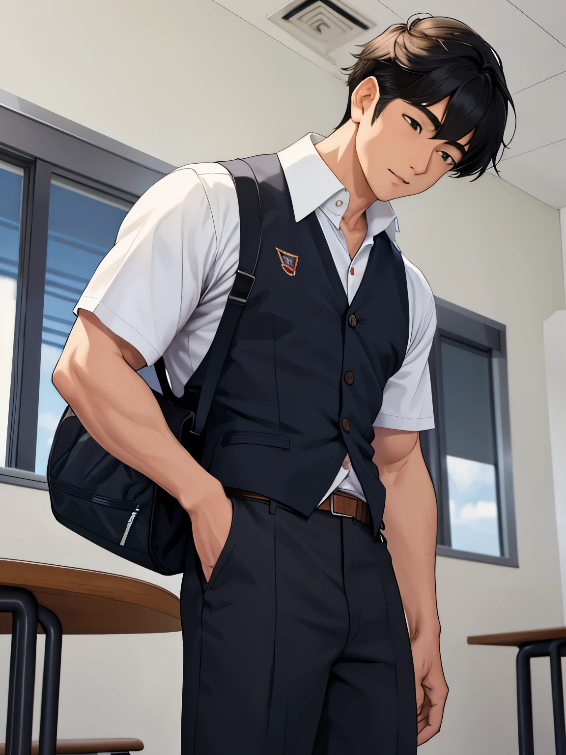 1 chico,, obra maestra,Mejor calidad, Gojo Satoru, school uniform that is open in the middle revealing his pecs and abs, cuello alto, pantalones negros