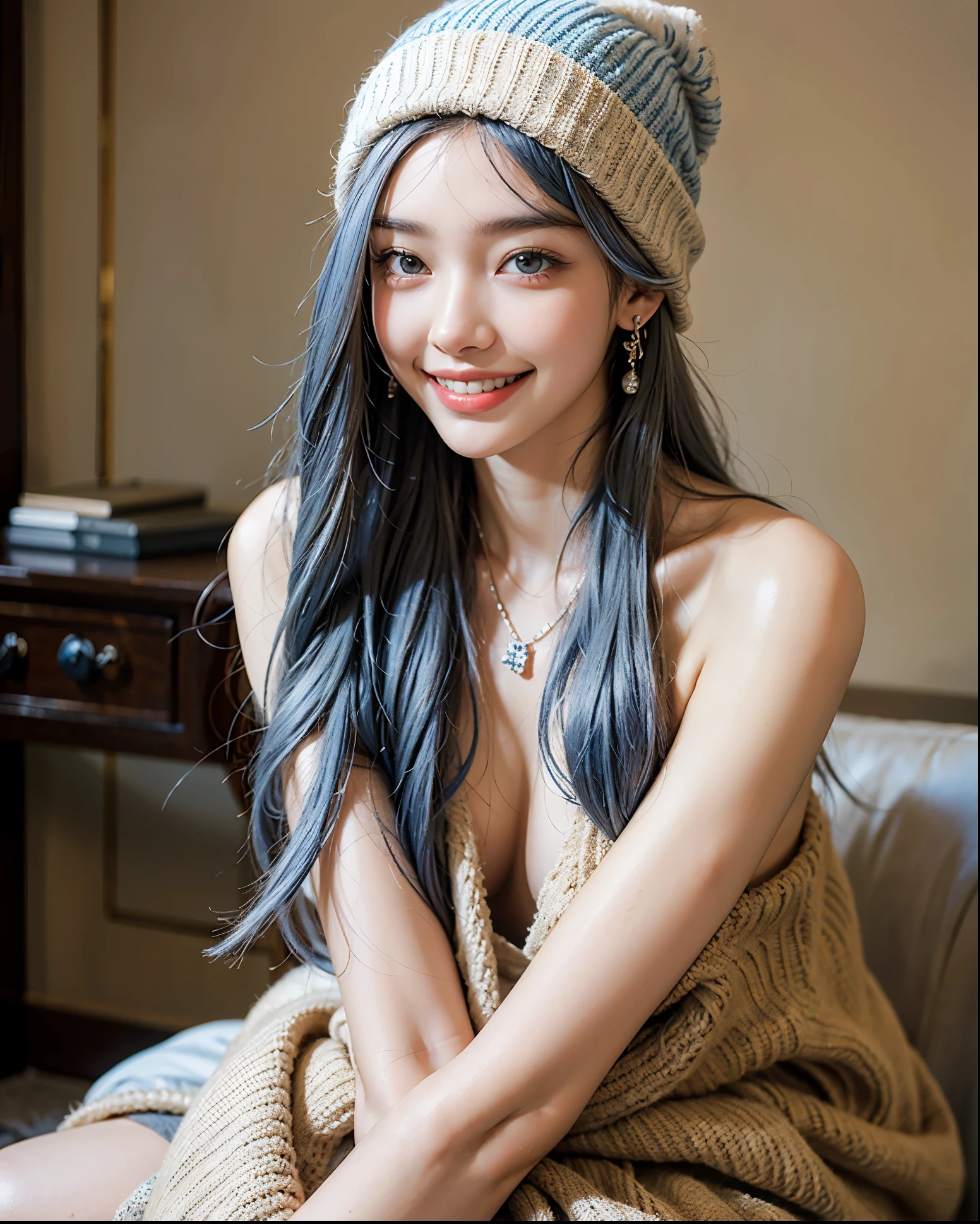 highest quality,8K,masterpiece, RAW photo,realistic pictures,Detailed facial depiction, Detailed description of the eyes,(((Blue silver hair))),((Beige hand-knitted hat on long hair)),1 girl, 21 years old, take off underwear, Bear Breast, because I'thin, Medium chest, sit with legs apart, smile, Colorful earrings, necklace, Are you okay, beautiful skin,transparent skin,(smile),((smile showing teeth))