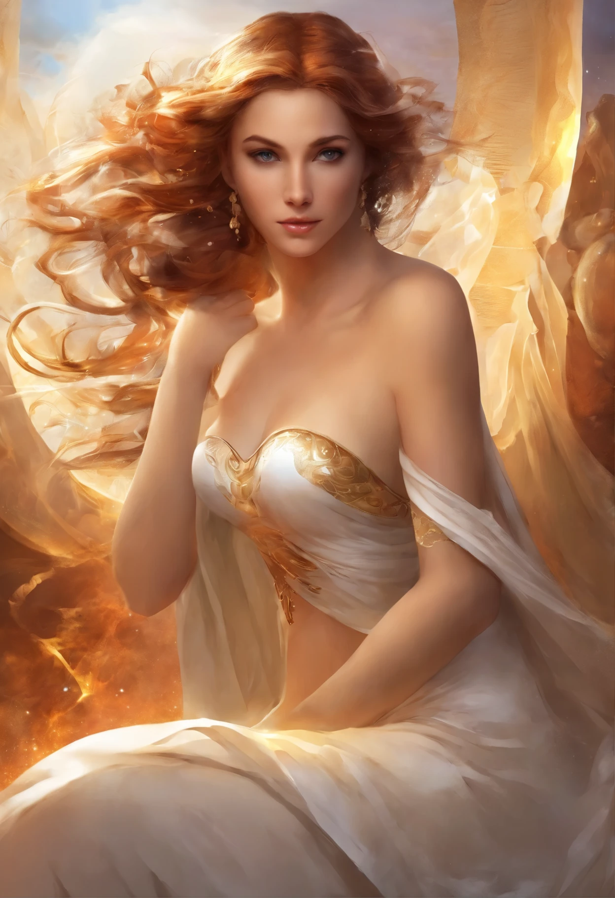 AphroditeS (Best quality,4K,a high resolution,masterpiece:1.2),ultra detailed,(Realistic:1.37),The girl lies on a snow-white bed, completely naked. She's Aphrodite, Greek goddess of love and beauty. Looks 20-30 years old. Her ample breasts stand out, with vertical . The glistening sweat on her body adds a touch of sensuality.. She radiates an unearthly and mesmerizing beauty., captivates anyone, Who's looking at her. white sheets, enveloping her, highlight her seductive figure.. The room is softly lit, casting a warm glow on her glowing skin. The atmosphere is filled with a charming aura, evoking feelings of divine love and desire.