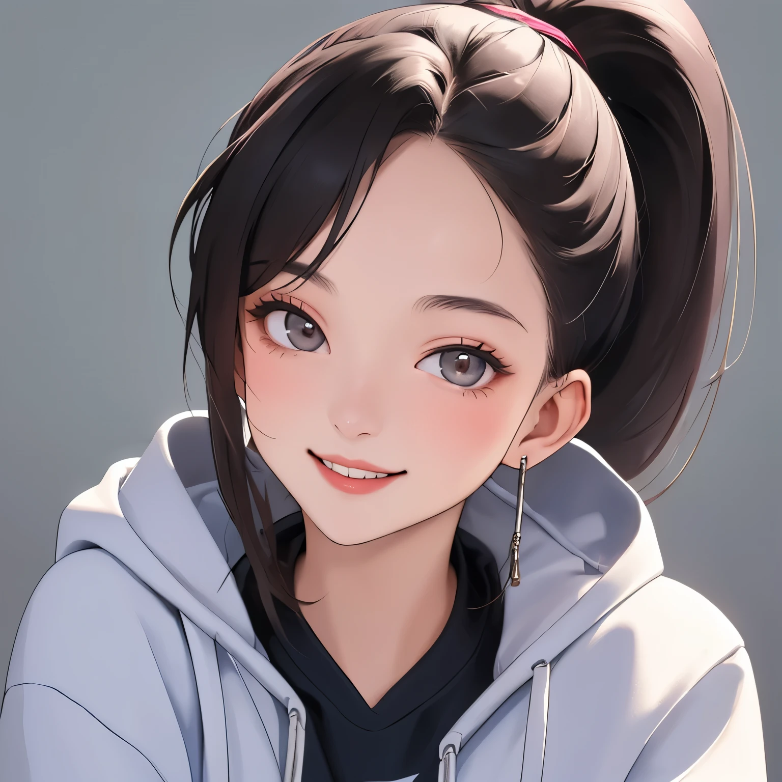 woman,age 20 years old,ponytail,smile,hoodie,portrait,(masterpiece, best quality, highres),