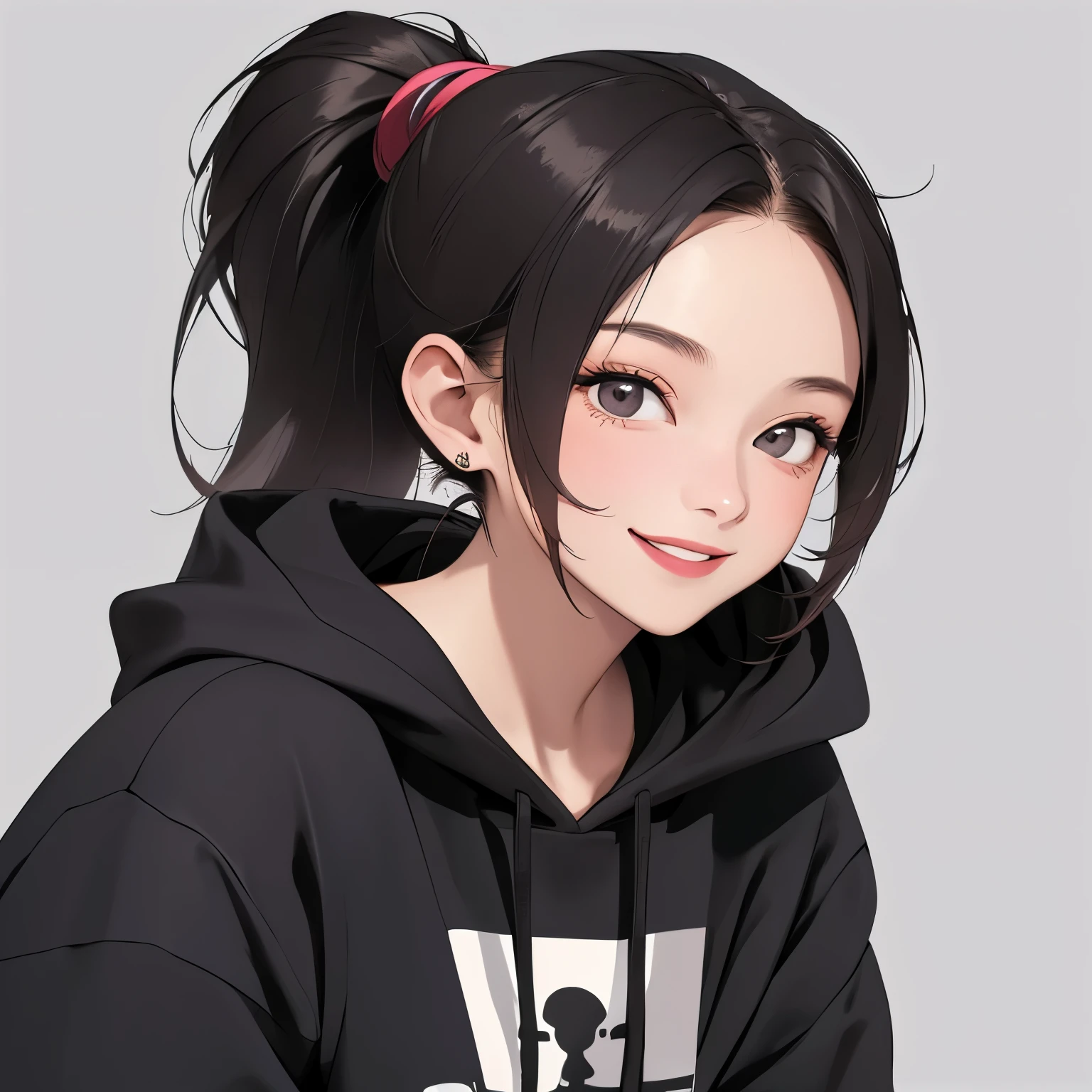 woman,age 20 years old,ponytail,smile,hoodie,portrait,(masterpiece, best quality, highres),