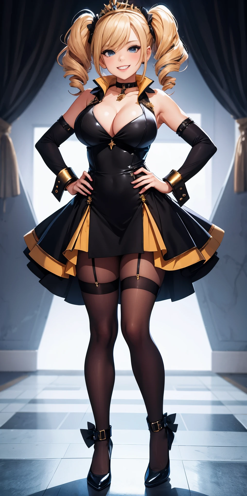 full body standing straight symmetrical, huge cowboy shot, solo 1MILF, lustful smirking smile face, looking at viewer, hands on hips, twintails, twin drills, dress, striped pantyhose, metal handcuffs on their hands with a black maetal slave collar around her neck, cowbell attached to the choker, sleeveless, black stockings, golden tiara