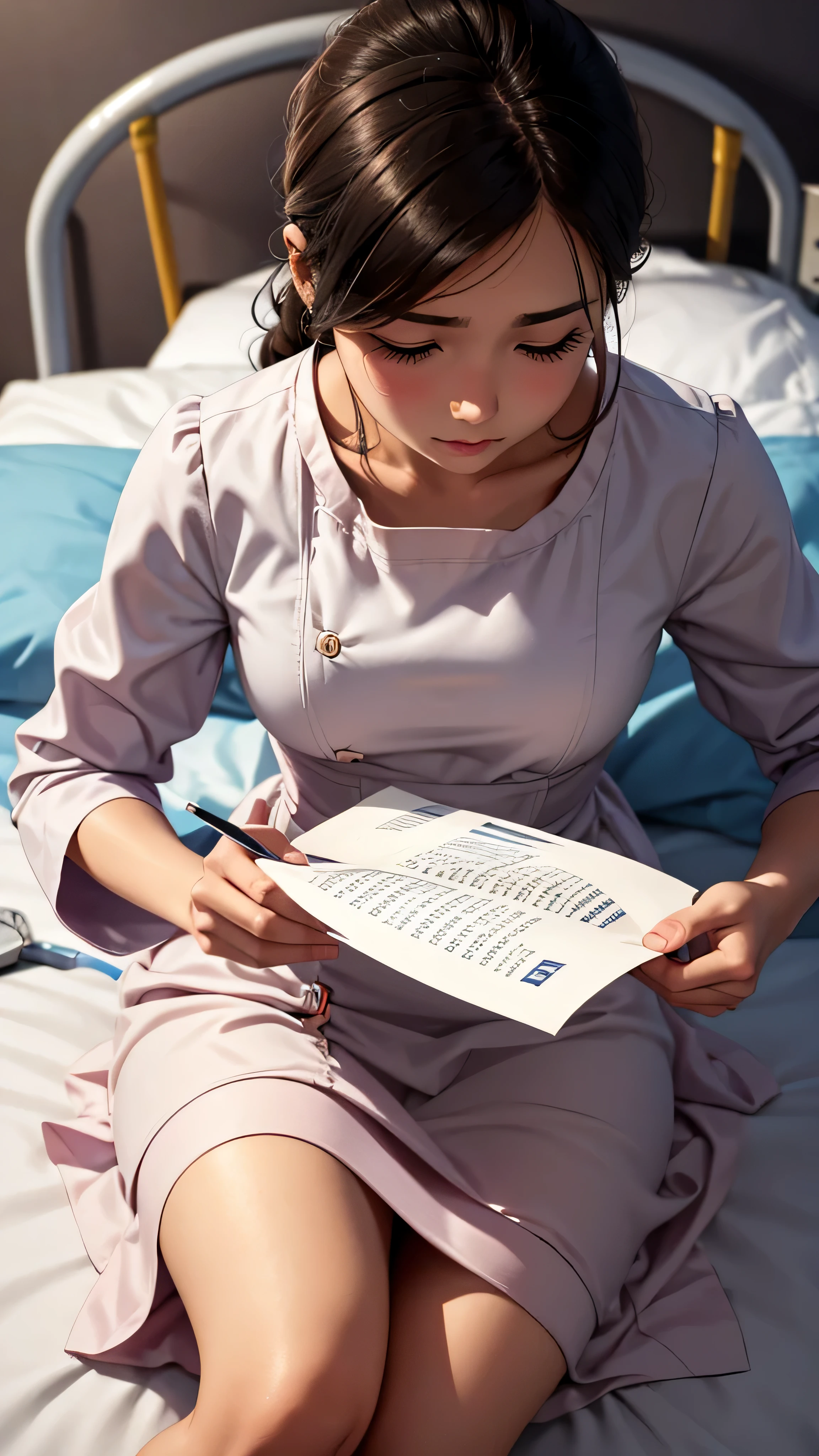 A close up of a patient girl readind a letter on the hospital bed in a full dress covering her body because she just had a accident
