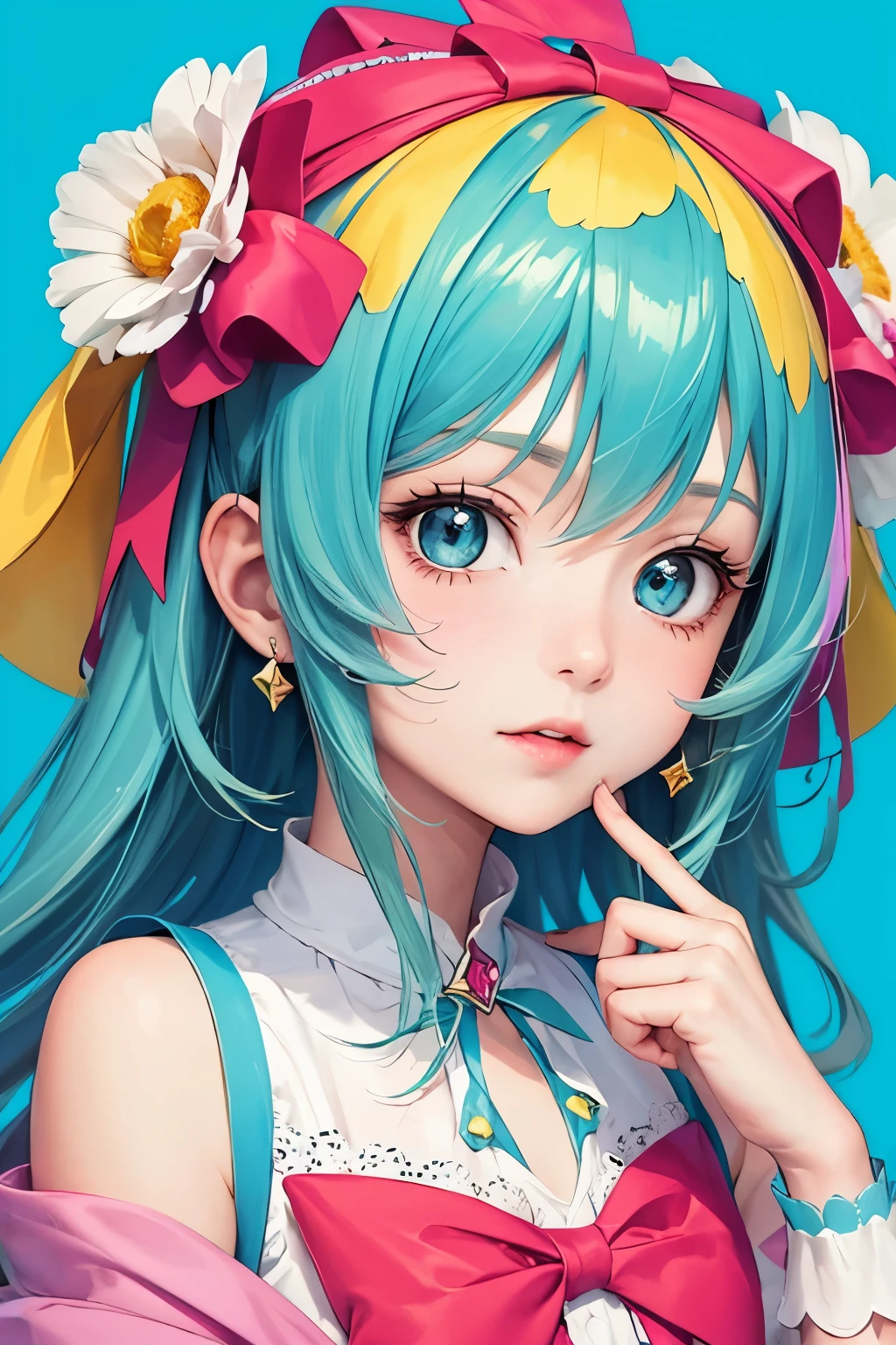 ((highest quality)), ((masterpiece)), (be familiar with), perfect face,Precure,rainbow color,girl,,Precureらしいスカート姿,Hair color is colorful,anime,Eye color is green,The background is in the town