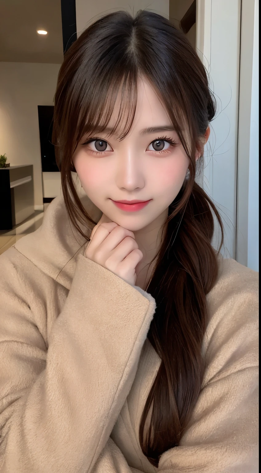 table top, highest quality, shape, Super detailed, finely, High resolution, 8k wallpaper, 完璧なダイナミックな構shape, beautiful and detailed eyes, straight hair, small breasts, natural color lip, random sexy pose,smile,20 year old girl、midnight、beautiful and detailed face、perfect and beautiful face,Big eyes、RAW photo、Expressing feminine poses with your whole body、beautiful and detailed eyes、small face、beautiful duplex、slim face and style,luxury brand mink coat(inner:winter dress)、beautiful golden ratio face,Twin Ponytail Hair,bright look,Photographed focusing on beautiful legs
