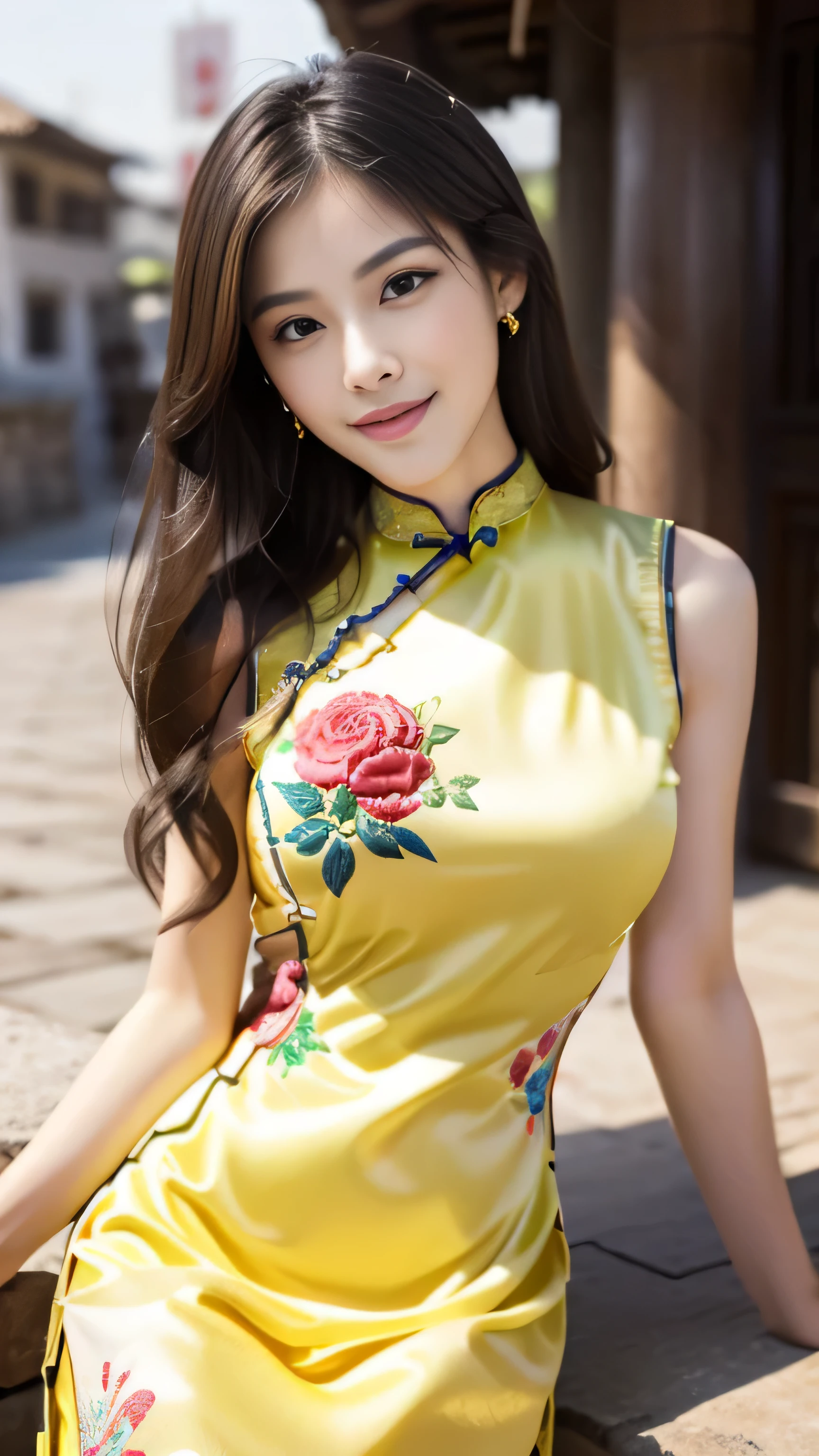 Ulchan-6500-v1.1, (RAW photo:1.2), (Photoreal:1.4), delicate beautiful girl,The sparkling eyes have a very nice atmosphere..........................,13 years, Attractive eyes and moist lips,long black hair,(smile:1.3),detailed depiction of the face,Formula details,Detailed depiction of facial features Star Masterpiece Fine Detail,Describe your role in detail,Detailed depiction of hair,Carefully drawn ,My body is bumpy,Detailed depiction of the hand,Clothes drawn in detail,detailed depiction of the face,perfect face,Detailed depiction of the hand,4 fingers and 1 thumb:1.3),orthofacial,choker necklace,ear drops, works of masters,Infinitely close to reality,(full body photo:1.5),best image quality,highest quality,endless details,8K resolution,(((Beautiful patterned embroidered cheongsam 1.3))),((yellow cheongsam dress))),(Ancient courtyard scene:1.3),laughter, small waist, sexy pose,bold pose, Beautiful legs visible through the slit of a long skirt, big and full breasts, neatly tied hair