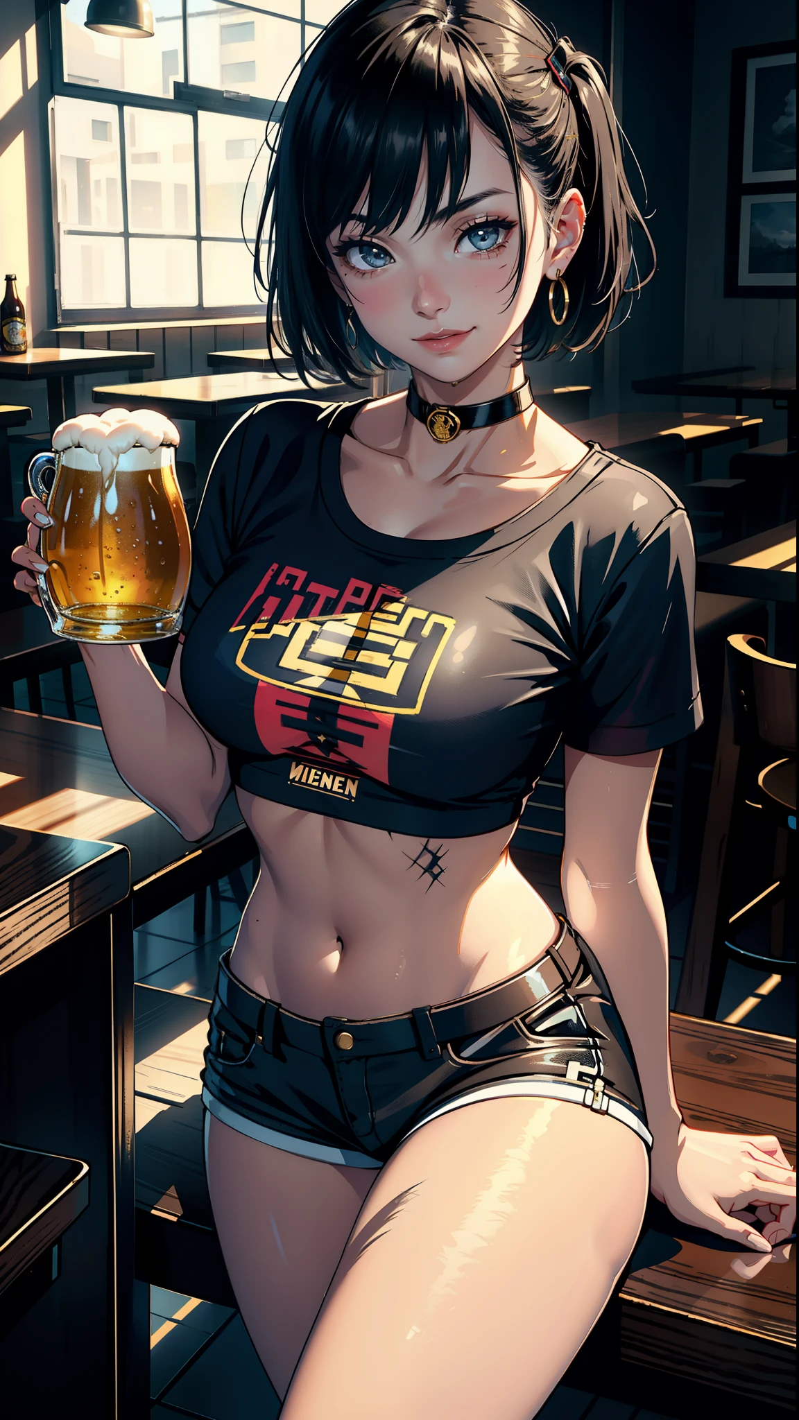 masterpiece, highest quality, Detailed details, detailed landscape, beautiful light, beautiful shadow, women sexy, 22 years old,((scar)),black eye,naughty smile, wistful look,eyeliner,very short hair,bangle,choker,earrings,hot pants,((super low rise)),(Tshirt), Navel exposed,bar,barカウンター,(mug of beer),((waitress))、open your legs,fine skin texture, Tyndall effect,(NSFW:1.1)