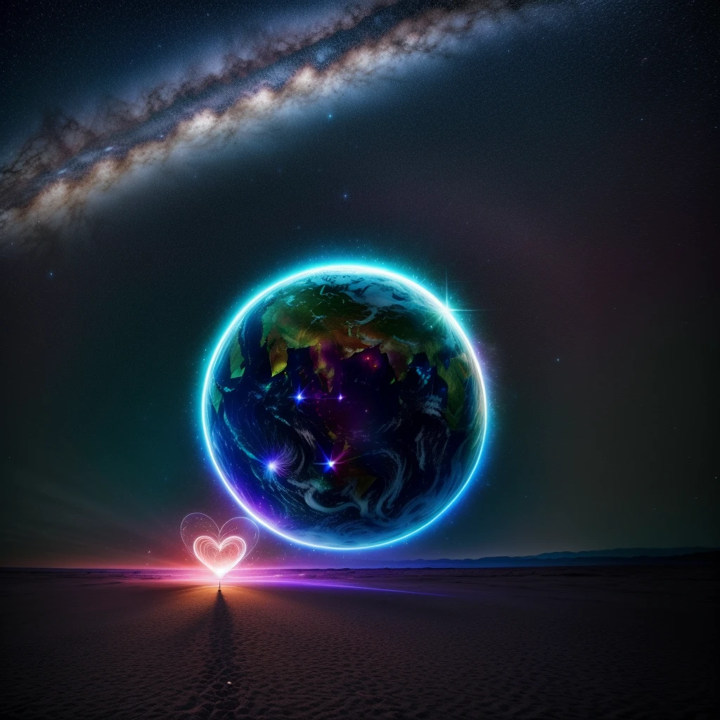 Represents the fusion of the human heart with the supernatural realm and the vast universe. Imagine an ethereal and mysterious scenario. A human heart shines with a soft, sparkling light. The heart seems to be floating in a translucent mist, evoking a sense of mystery and transcendence. From the heart, emanates a series of projections, each representing a unique aspect. Some projections take the form of elements of nature, like branches of trees, flower petals or dancing flames, evoking a deep connection to the natural realm. Other projections extend into outer space, turning into bright constellations, distant galaxies or rays of shooting stars. These cosmic projections symbolize the expansion of human emotion beyond the limits of the Earth, Creating a magical and spiritual atmosphere. The soft light emanating from the heart and projections contributes to a sense of peace and awe. The resulting image captures the idea of a human heart that transcends earthly boundaries, Exploring the Supernatural and Cosmic Realms. This fusion of the human and the divine creates a visual narrative that evokes the search for the deepest emotional connection and the expansion of one's own essence into the vast universe."