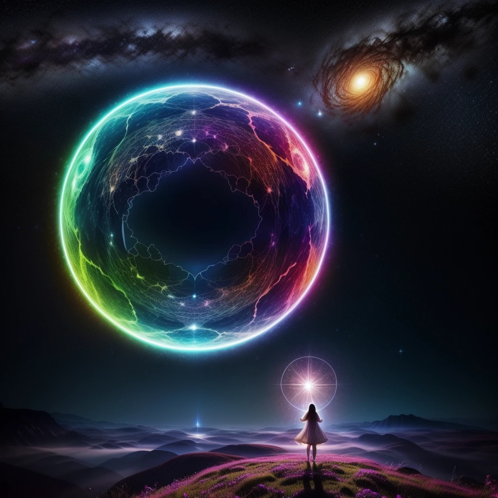 Represents the fusion of the human heart with the supernatural realm and the vast universe. Imagine an ethereal and mysterious scenario. A human heart shines with a soft, sparkling light. The heart seems to be floating in a translucent mist, evoking a sense of mystery and transcendence. From the heart, emanates a series of projections, each representing a unique aspect. Some projections take the form of elements of nature, like branches of trees, flower petals or dancing flames, evoking a deep connection to the natural realm. Other projections extend into outer space, turning into bright constellations, distant galaxies or rays of shooting stars. These cosmic projections symbolize the expansion of human emotion beyond the limits of the Earth, Creating a magical and spiritual atmosphere. The soft light emanating from the heart and projections contributes to a sense of peace and awe. The resulting image captures the idea of a human heart that transcends earthly boundaries, Exploring the Supernatural and Cosmic Realms. This fusion of the human and the divine creates a visual narrative that evokes the search for the deepest emotional connection and the expansion of one's own essence into the vast universe."