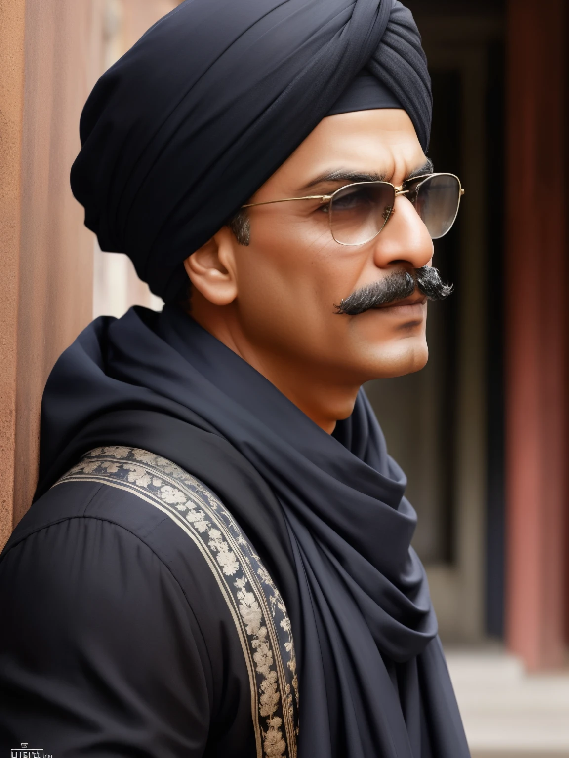 Indian man with a mustache, wearing punjabi traditional cloth and turban, black sunglasses, cinematic realistic portrait, Indian, rpg portrait concept art, highly detailed character, closeup character portrait, character - portrait, high detail portrait, background back alley street in India.