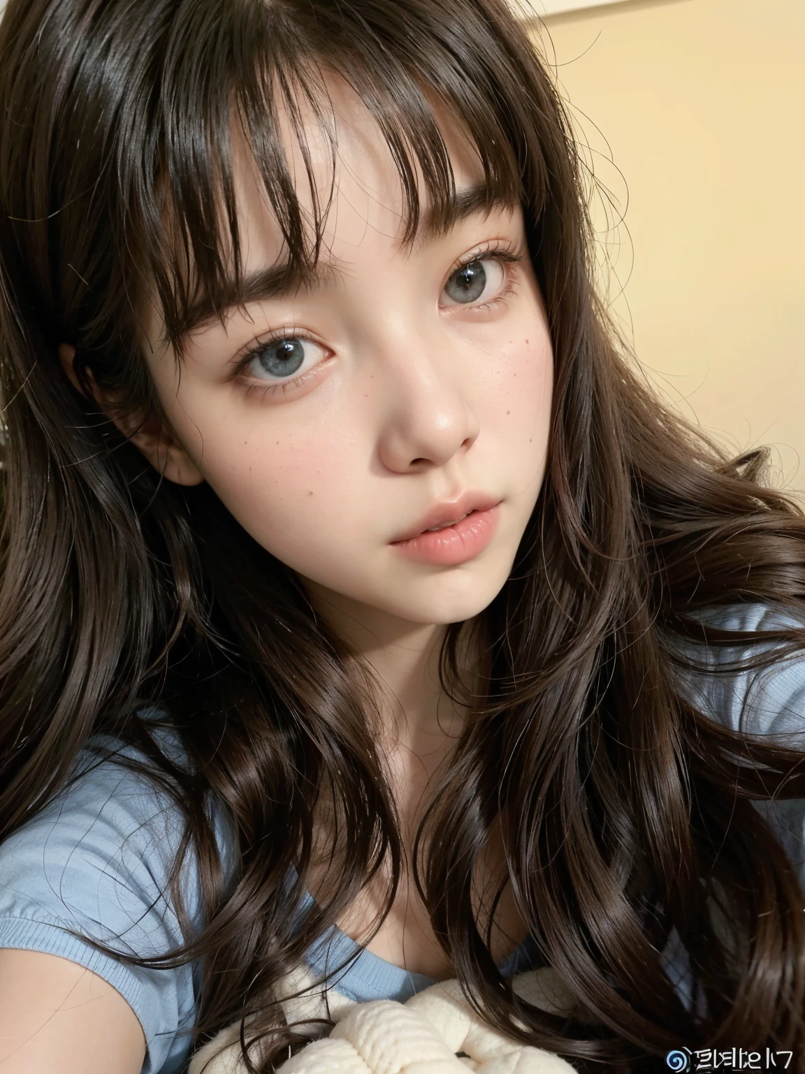 a close up of a woman with long hair wearing a blue shirt, ulzzang, she has black hair with bangs, young adorable korean face, lalisa manobal, pale round face, jinyoung shin, with cute - fine - face, wan adorable korean face, fluffy bangs, korean face features, with bangs, girl cute-fine-face, wide forehead