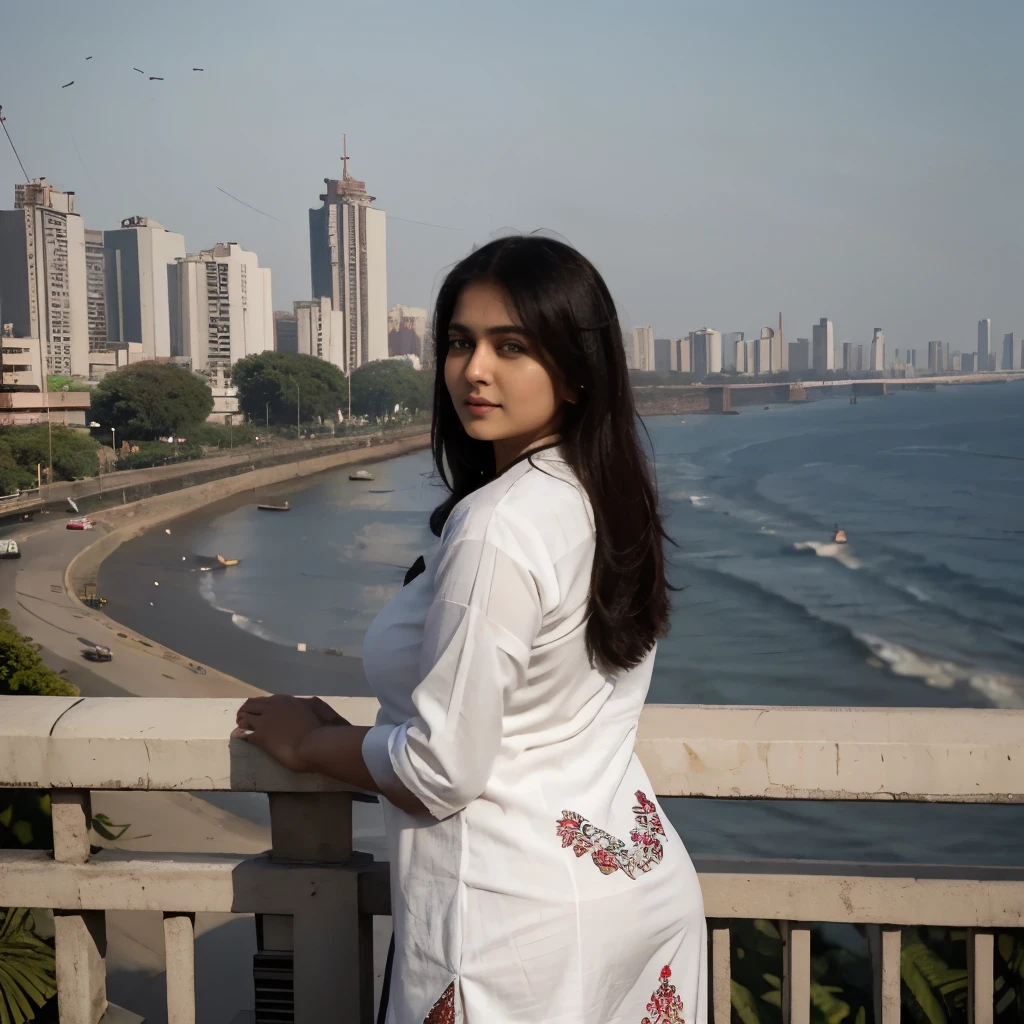 Long shot of fully body of indian sks 21 year old  woman in Mumbai, against the mumbai skyline, beautiful face, big bosom, pear shaped butt, black straight hair, overlooking marine drive, Wearing beautiful embroidery kurta and white pyjamas 