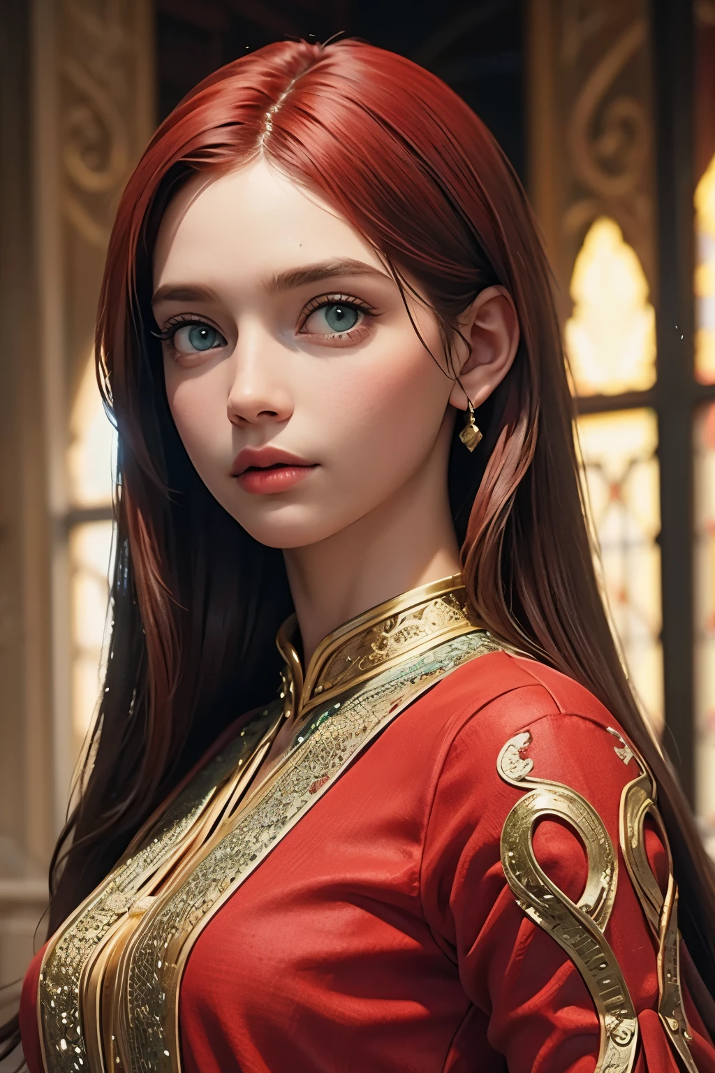 red middle length hair woman with green eyes in fine clothes