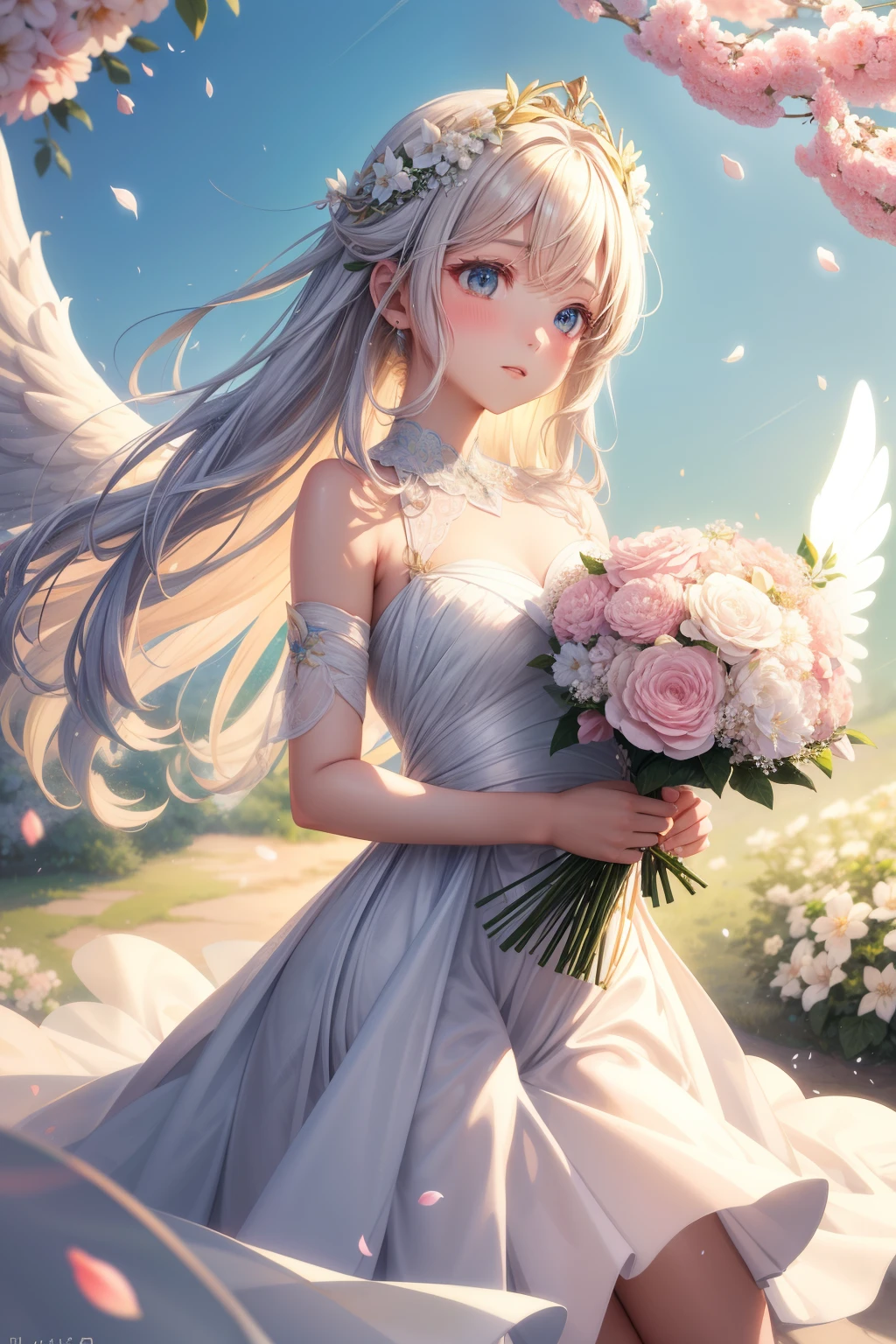 Anime character with rosy wings and hair, holding a bouquet of flowers. Wings: White and reminiscent of an angel's, adding an ethereal quality to the figure. Dress: White gown embellished with flowers matching those in the bouquet and the diadem. Diadem: A floral crown made of petals and blossoms, harmonizing with the natural theme present in other elements of the attire. Background: Abstract backdrop of petal-like shapes and leafy patterns, painted in soft pastel hues to evoke a dreamy ambiance.