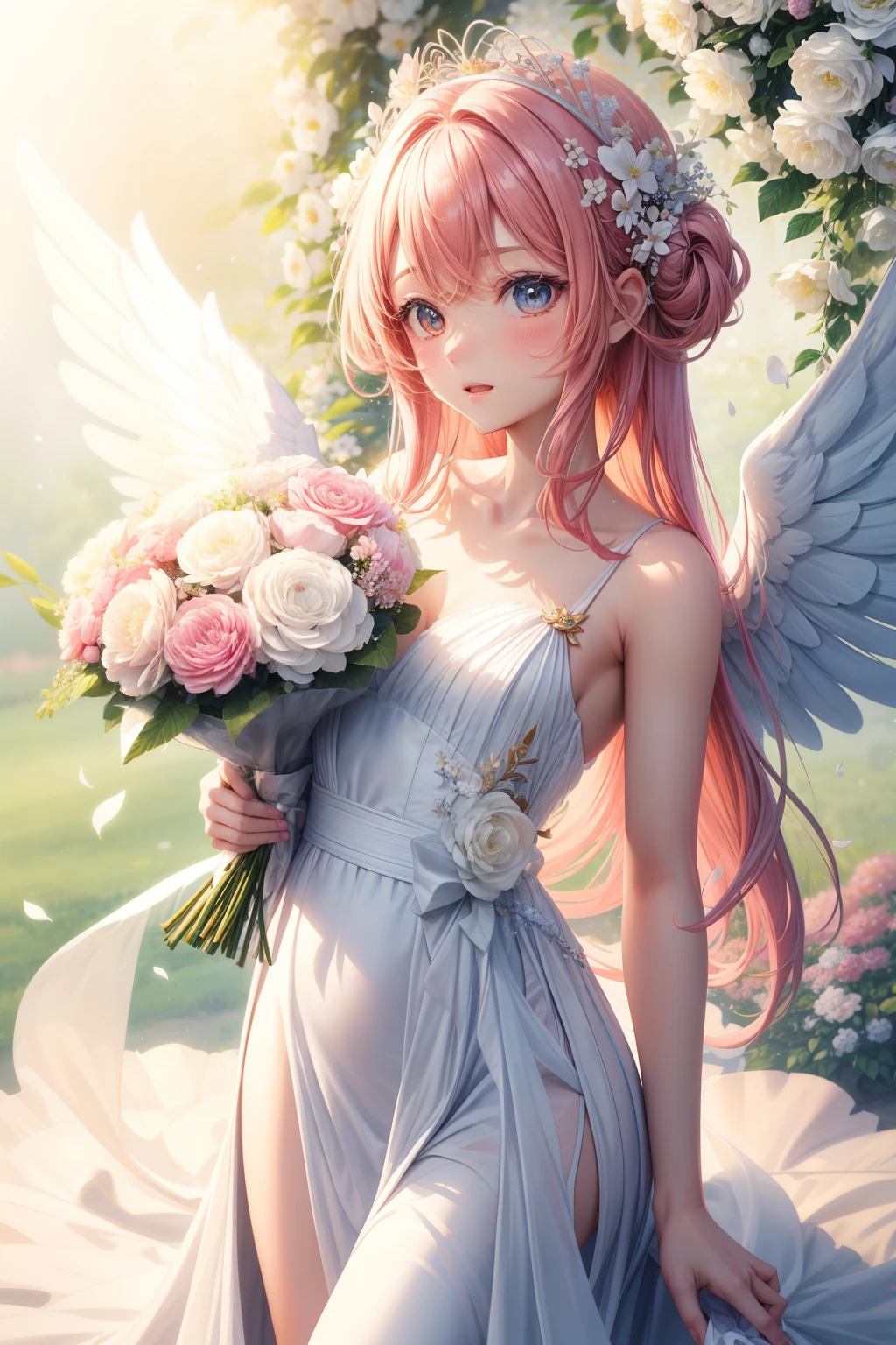 Anime character with rosy wings and hair, holding a bouquet of flowers. Wings: White and reminiscent of an angel's, adding an ethereal quality to the figure. Dress: White gown embellished with flowers matching those in the bouquet and the diadem. Diadem: A floral crown made of petals and blossoms, harmonizing with the natural theme present in other elements of the attire. Background: Abstract backdrop of petal-like shapes and leafy patterns, painted in soft pastel hues to evoke a dreamy ambiance.