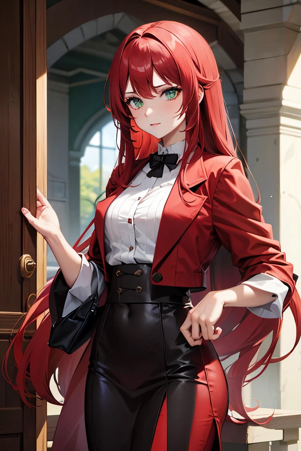 red middle length hair woman with green eyes in fine clothes