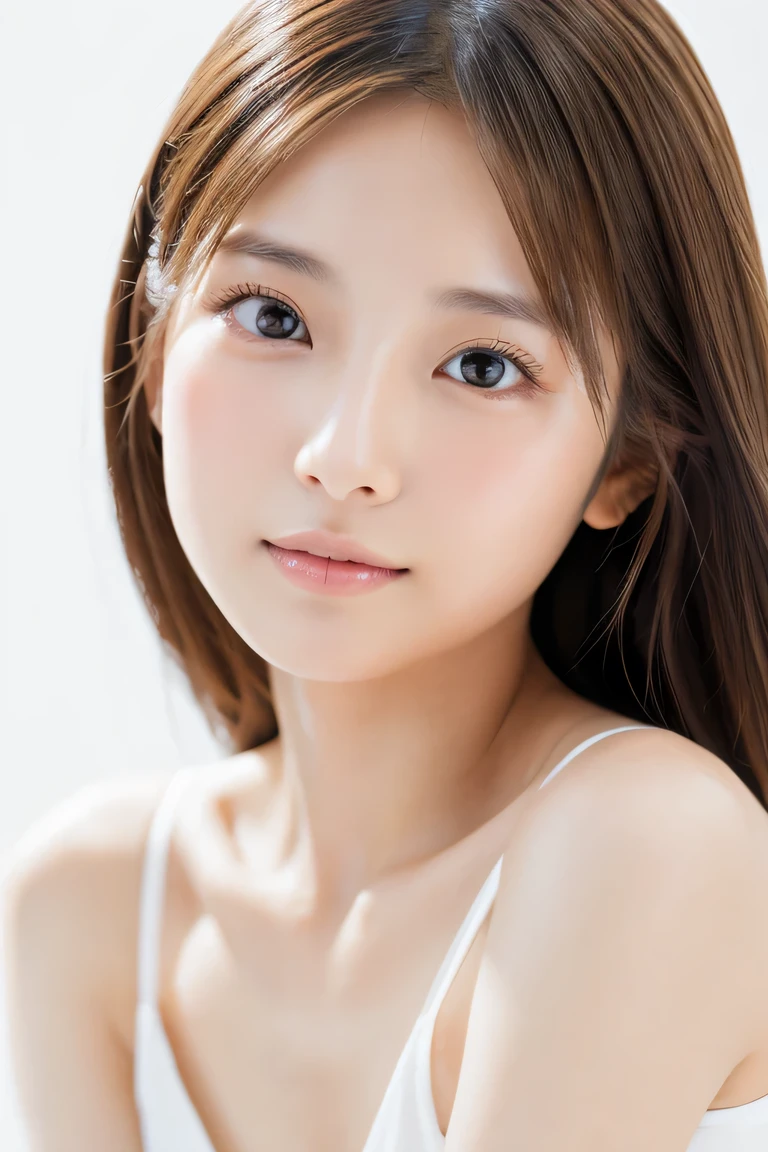 Young japanese lady, 30s, White background, It features a simple背景, white-brown hair, slender, 4K, in 8K, High quality, Beauty, Smile, Beautiful eyes, It features a simple, High resolution,1 person,Beautiful skins,Beautiful skin,
