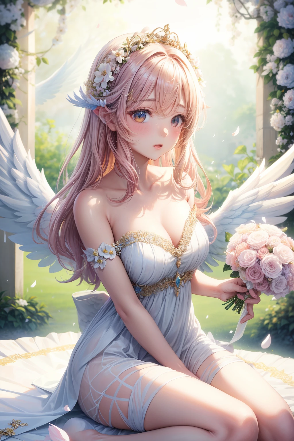 Anime character with rosy wings and hair, holding a bouquet of flowers. Wings: White and reminiscent of an angel's, adding an ethereal quality to the figure. Dress: White gown embellished with flowers matching those in the bouquet and the diadem. Diadem: A floral crown made of petals and blossoms, harmonizing with the natural theme present in other elements of the attire. Background: Abstract backdrop of petal-like shapes and leafy patterns, painted in soft pastel hues to evoke a dreamy ambiance.