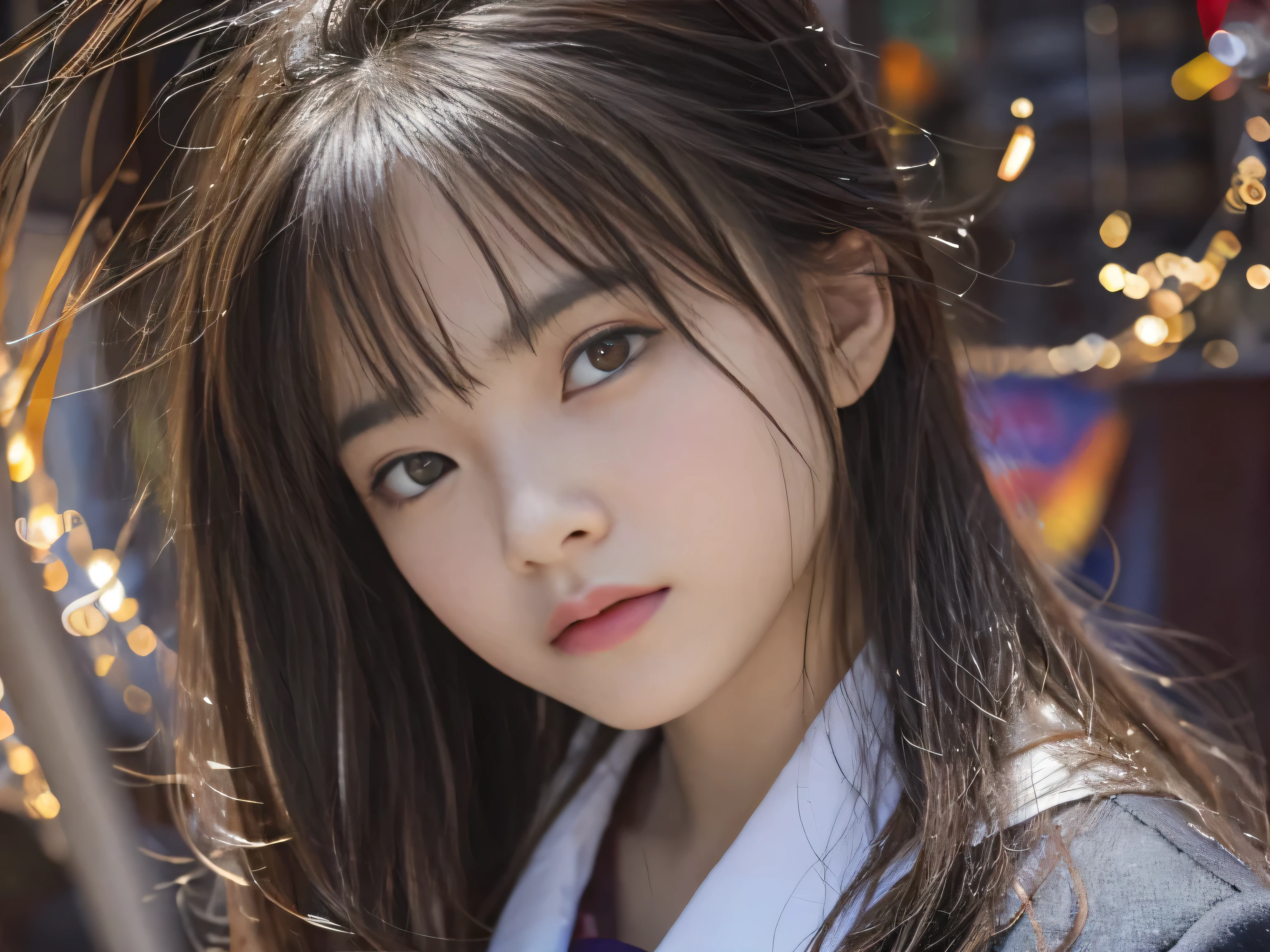 best image quality, movie lighting, octane rendering, super sharp, 1 girl, Japanese, , troubled face, glowing skin, Detained fugitives, Running figure, brown hair, shortcut, (school uniform:1.3), cyber punk, Night sky with countless stars twinkling, Shining Milky Way, heavy rain:1.3, Remains, Laser beam attack, big explosion:1.3, Pillar of fire:1.2, A city engulfed in flames, flood, wet hair:1.5, wet skin:1.5, puddle, fine eyes, Fine skin texture, camel toe, Detailed CG image quality, 8mm fisheye lens, Angle looking up from below:1.2, (whole body angle), Full body soaked, fast shutter speed,