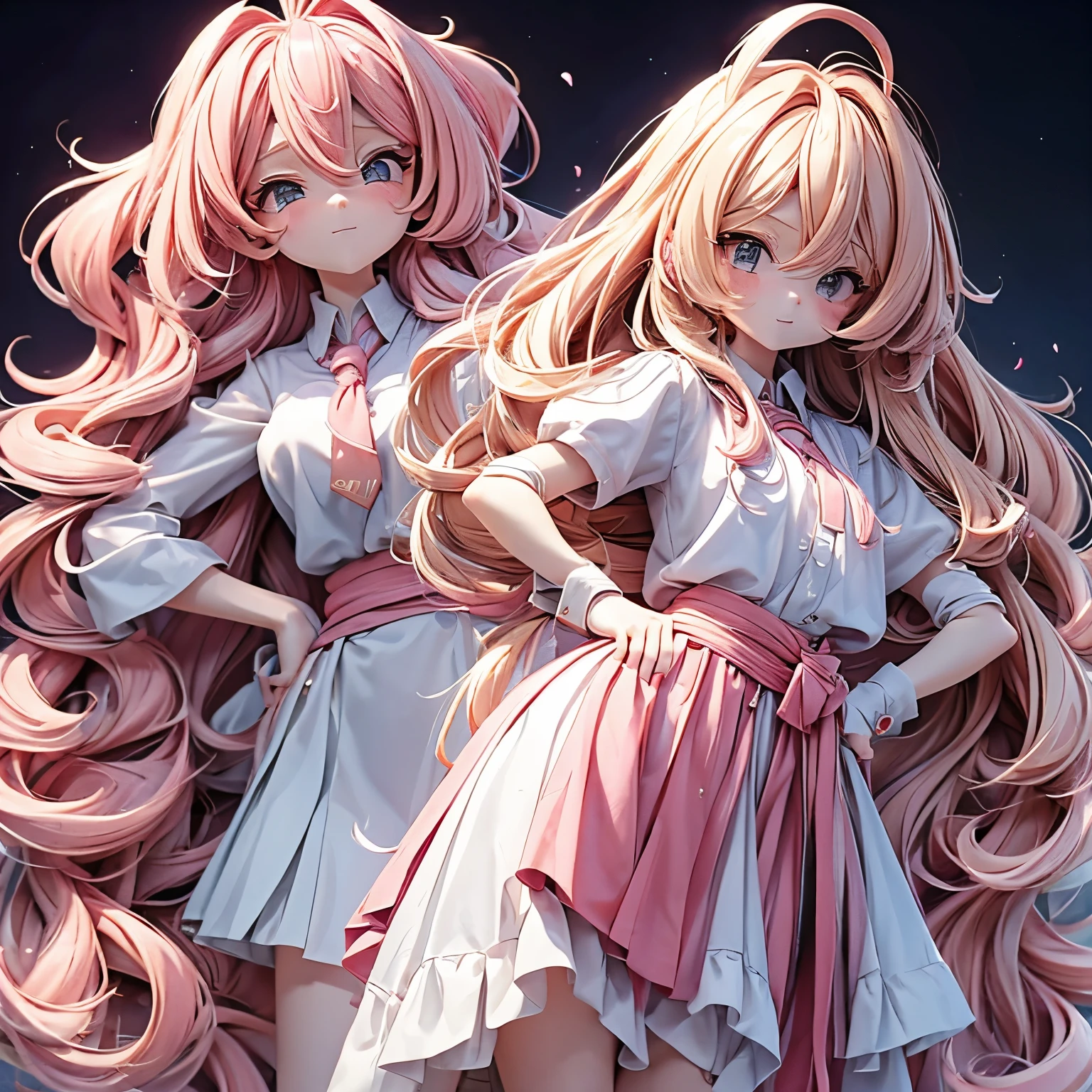 Girl with long blonde hair and pink streaks of hair down to her hips. Gesichtsausdruck ist verlegen und sauer. Wearing a skirt and hands on hips