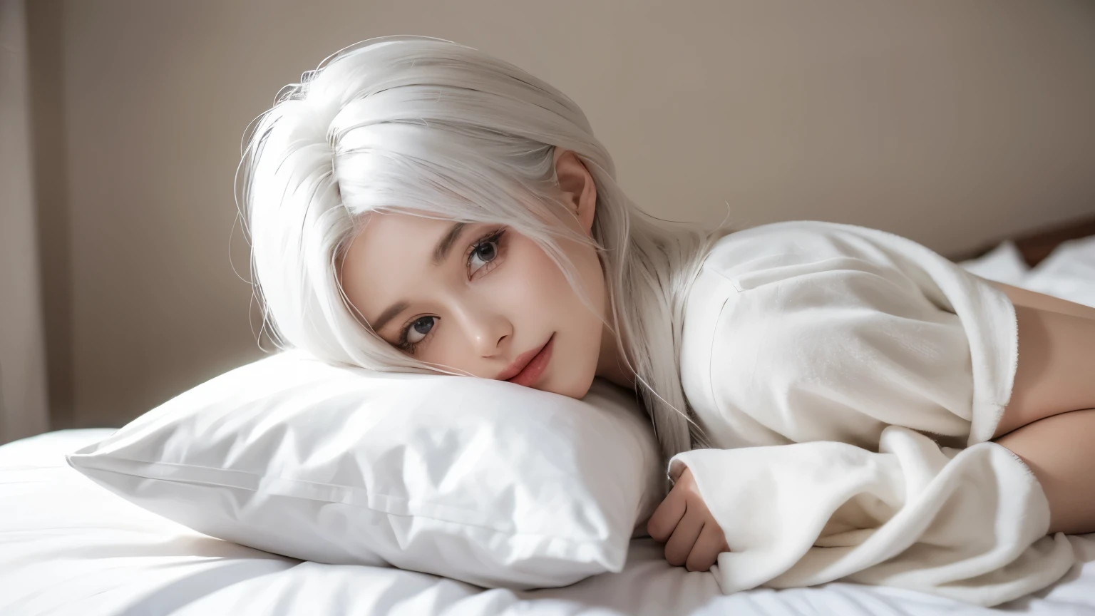 Woman, white hair, she's tied, bed, tied, happy, in room, high details, 4K