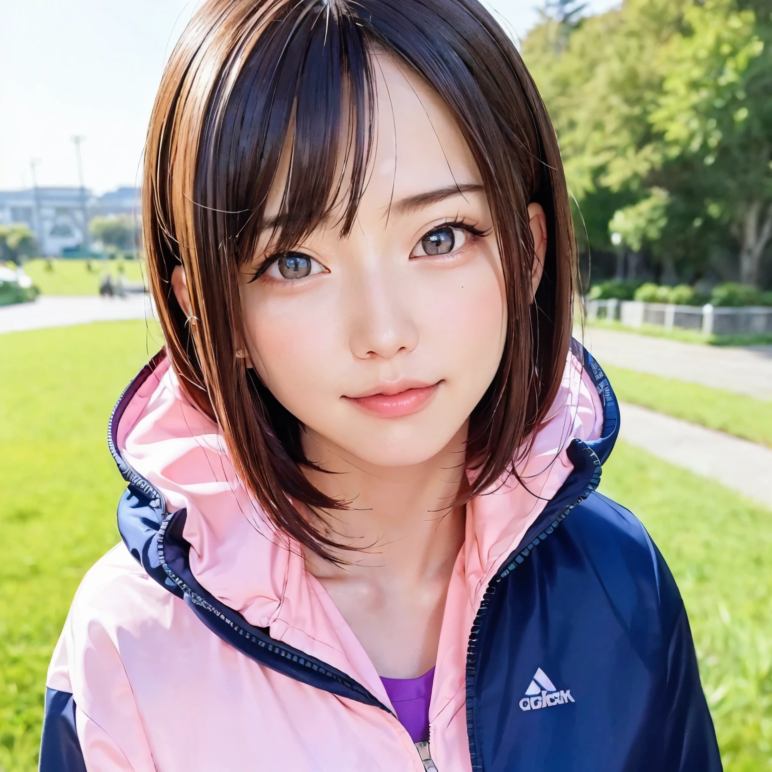 (highest quality、table top、8K、best image quality、Award-winning work)、one beautiful woman、Shining beautiful skin、(Competition windbreaker with stylish design:1.2)、(Sportswear with pink lines drawn on navy:1.2)、Shiny ultra-high definition skin、(accurate anatomy:1.1)、A gentle smile looking at me、(upper body photo:1.1)、Standing gracefully、(Blurred wide park background:1.2)、(The background is a beautiful park with grass.:1.1)、portrait photography、光を受けてShining beautiful skin、(very bright and refreshing:1.1)、(the most detailed and perfect face:1.1)、(The most detailed sparkling eyes:1.1)、(Beautiful and moisturized skin:1.1)
