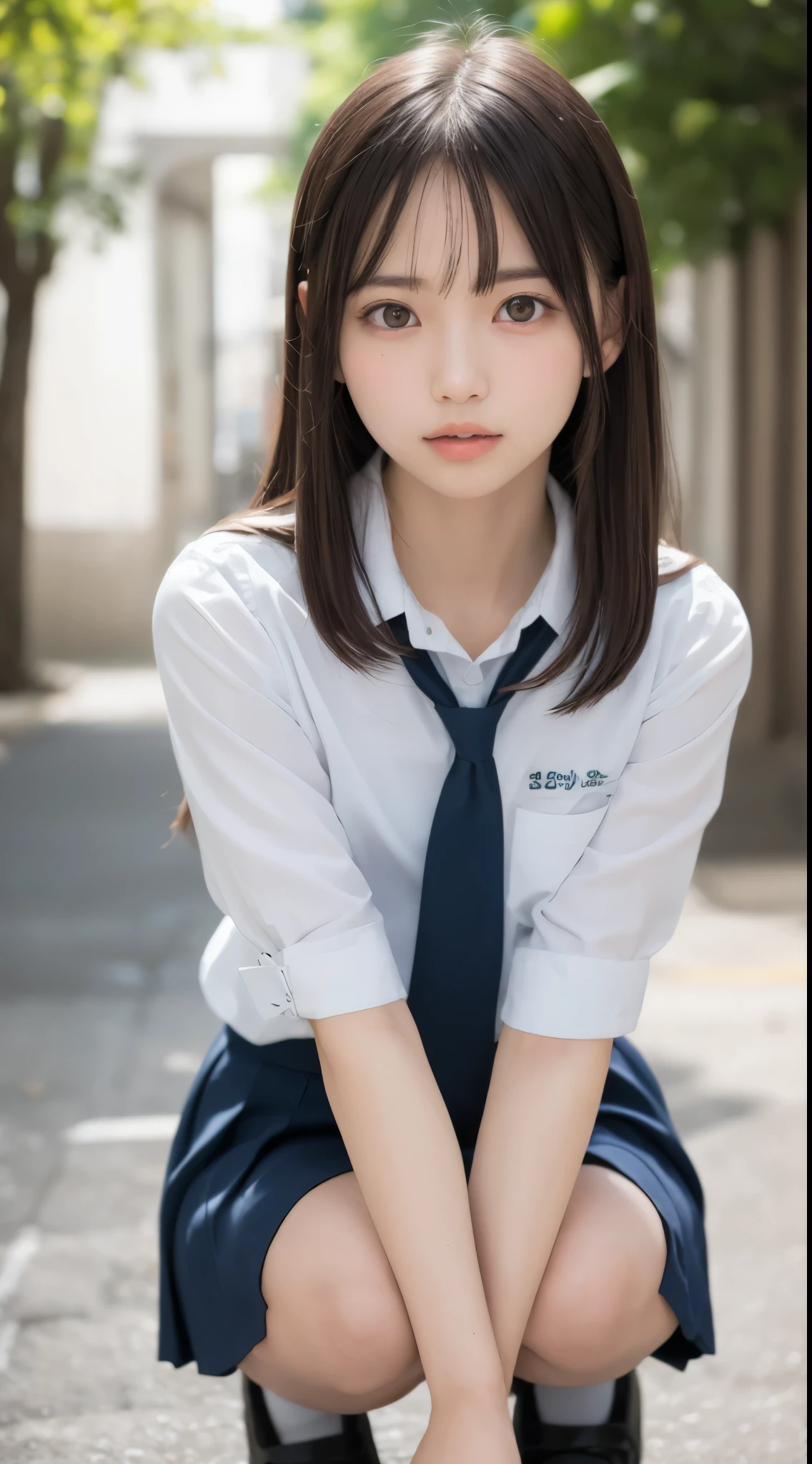 masterpiece, highest quality, 8K, 15 years, Ten generations, young,,slender,RAW photo, disorganized, high school girl uniform、squat、 alone, idol face, violaces, gardenia, delicate girl, Digital single-lens reflex camera, looking at the viewer, Frank, Sophisticated, like々New, thin arms, professional lighting, film grain, chromatic aberration, (detailed eyes and face:1.0), (Bokeh:1.1)