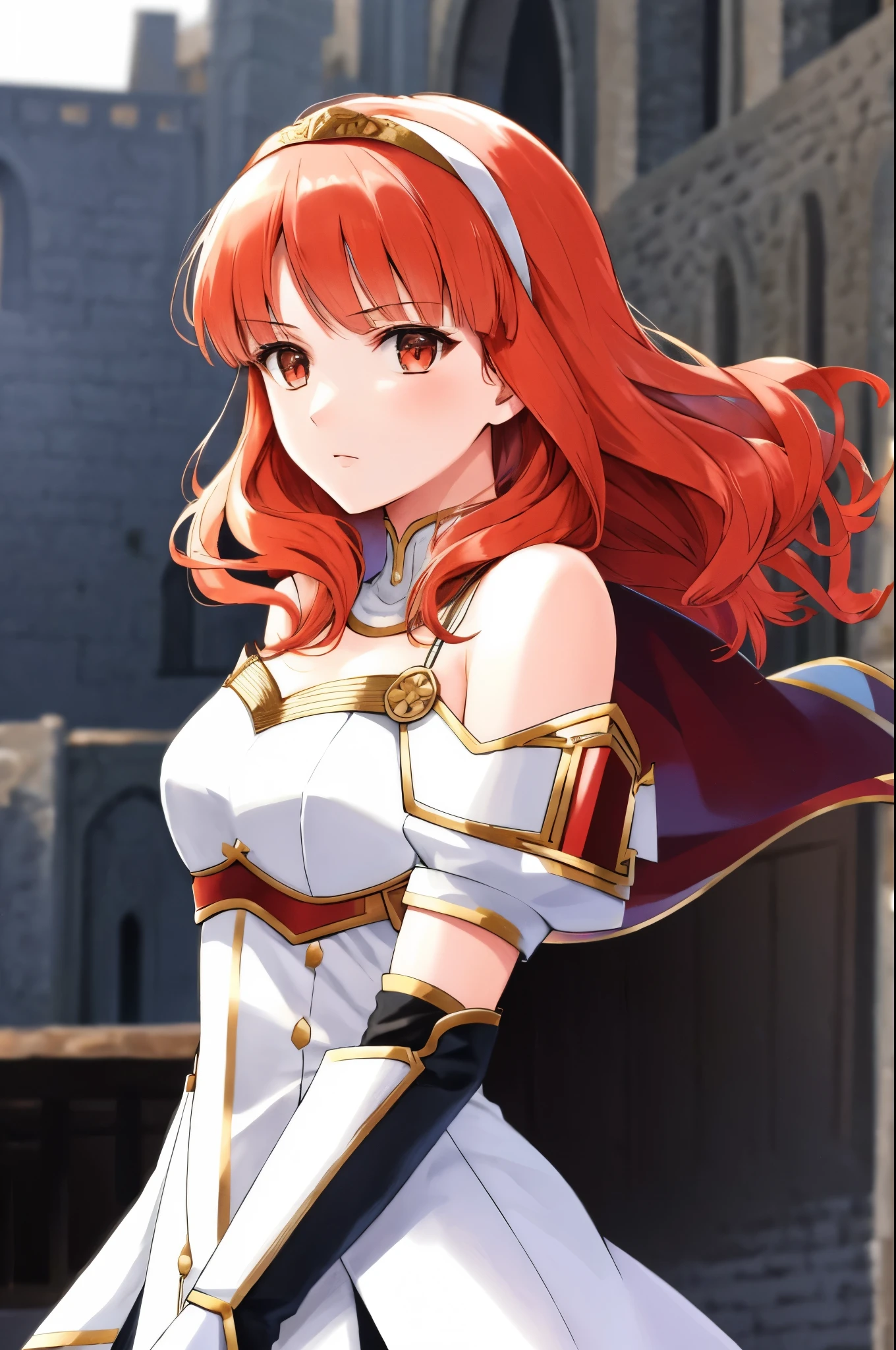 celica fe, 1girl, solo, looking at viewer, castle background, serious, upper body, cape, armor, dress, tiara, bare shoulders