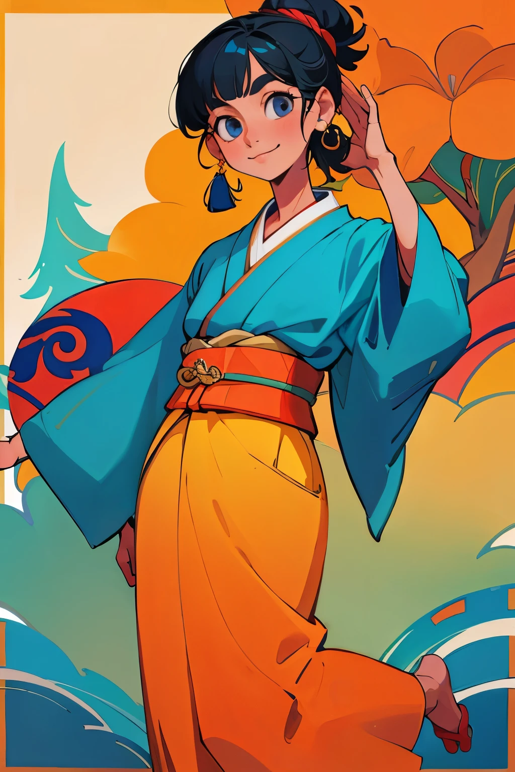 (best quality, masterpiece). 1 girl ,indian style ,yoga, kimono , mature, mature girl,slight smile, center face