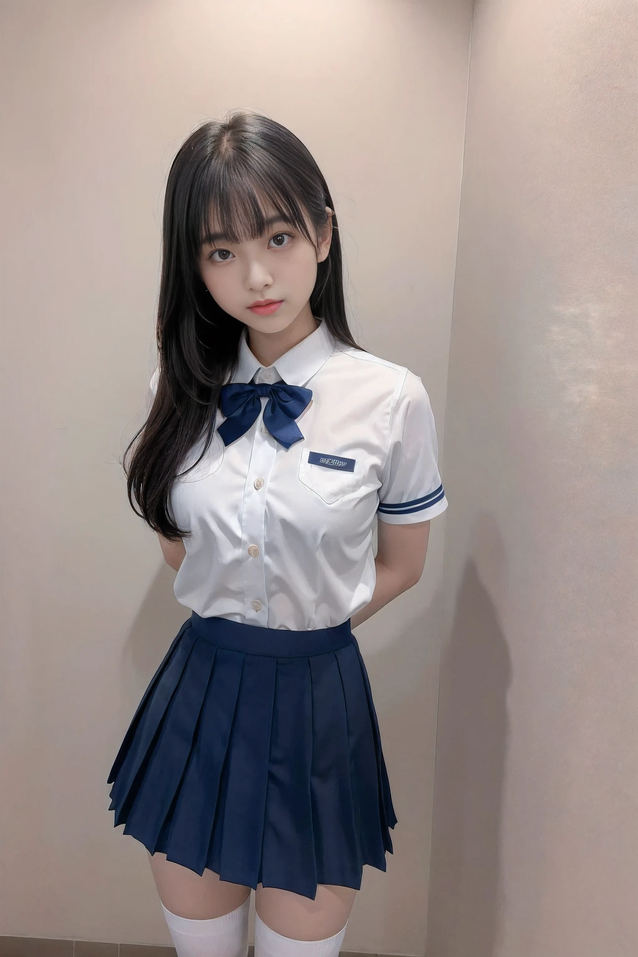 (8 times_NMKD-Super Scale_150000_G),(8K, Super high quality,highest quality),(masterpiece:1.5),(Front-facing body),(girl),(16 years old),(turn your arms behind your back:1.5),((Blue Neck Ribbon), (white shirt), (Navy blue pleated mini skirt), (navy high socks)),Beautiful Girl Student