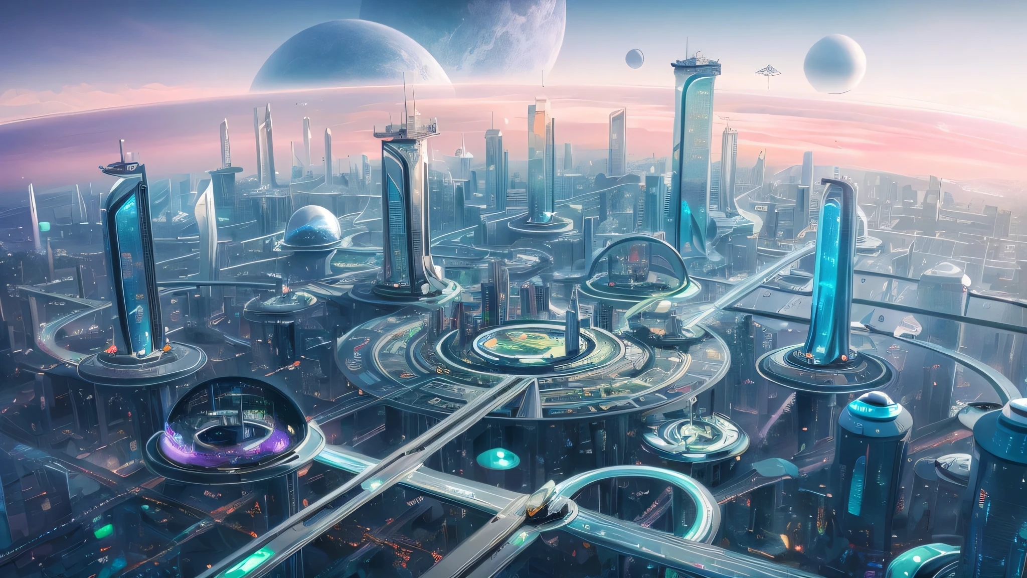 Future City with futuristic architecture and a planet in the background, futuristic city of utopia, futuristic utopian metropolis, futuristic alien city, Future City, alien Future City, city of utopia, ファンタジーのSF Metropolisで, hyper-Future City, otherwordly Future City, vista of Future City, futuristic dystopian city, Future City in background, SF Metropolis