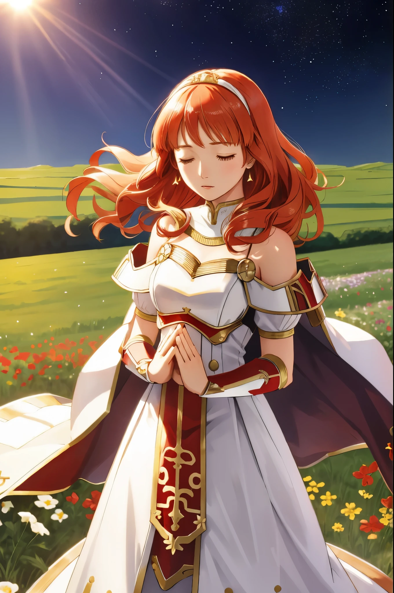 celica fe, 1girl, solo, head tilted upwards, field background, (flowers), standing, closed eyes, cape, armor, dress, tiara, bare shoulders, pelvic curtain, praying, hands held in prayer, upper body, cowboy shot