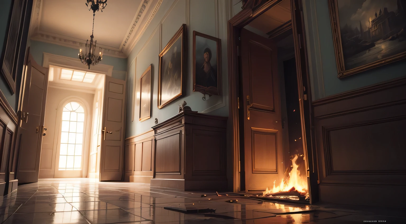 (((Masterpiece))), ((best quality)), highres, (Ultra HD detailed realistic), ((Illustration)), (((A collapsed mansion))), ruins, ((European aristocratic style mansion old)), fire, burning sparks, burning wooden floor, (reflection on the floor), low angle, exit dangerous, fire dust, (((mansion hallway))), (ruined wall)