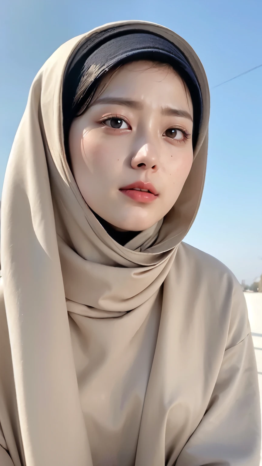 ((Best quality, 8k, Masterpiece :1.37)), (wear hijab girls), girls wear hijab, postion:sitting, style model, (girls wearing hijab moslem), beautiful face, 18 years old girls, hair black, ultra detailed face, ultra detailed body, slim body, lips smile, Beautiful detailed eyes, eyes korean, detailed nose, Natural Lip, (Undressing body nude), detail breasts, detail hariy pussy, Wear hijab moslem, fancy jubba thobbe, view of the blue sky, Slim Body, realistic face, backround people hijab