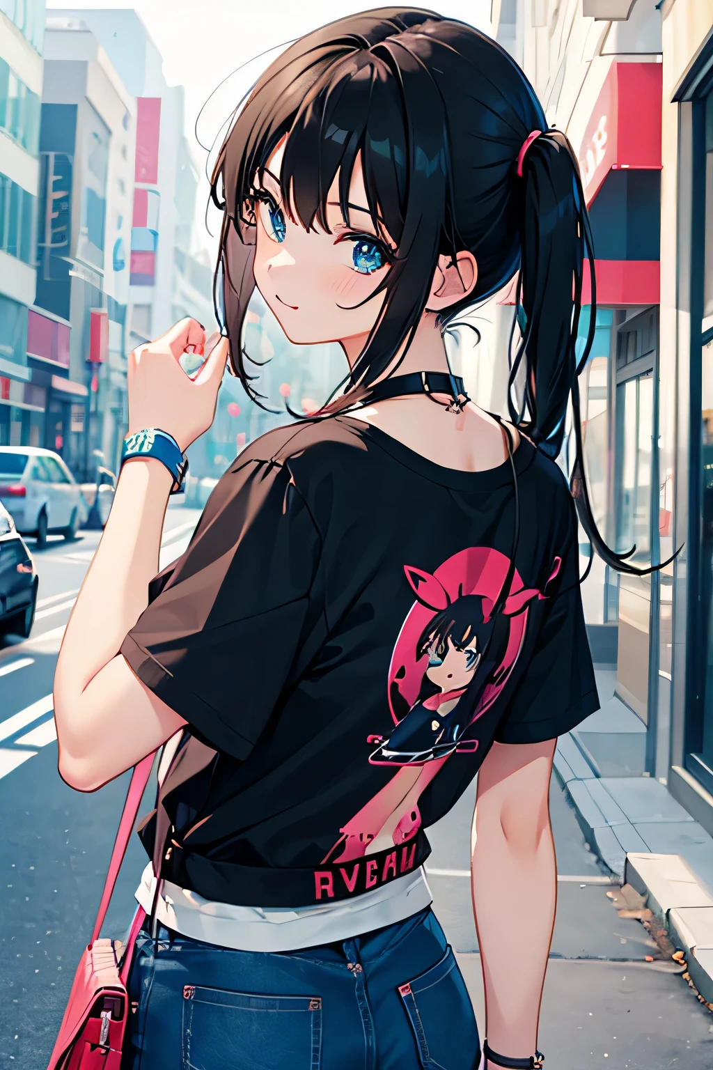 1 cute girl,T-shirt,short of a person,cute face,black hair,from behind,looking at the viewer,tie,Wristband,anime style