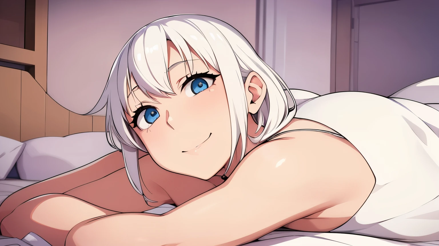 ((masutepiece)), ((Best Quality)), (Ultra-detailed), Anime style, Luxury bed, Cute little girl s, 1girl in, Solo,((Beautiful eyes)), large full breasts,  Smile