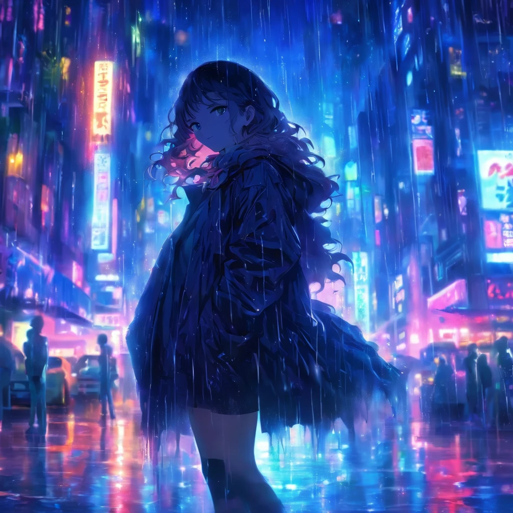 1 girl,City of night,rain,coat,put one's hand in one's pocket