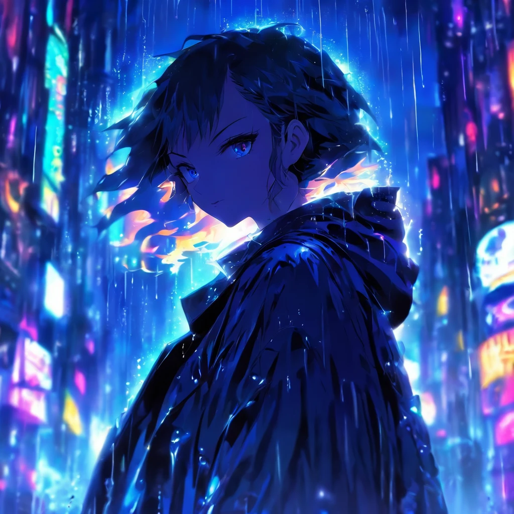 1 girl,City of night,rain,coat,put one&#39;s hand in one&#39;s pocket
