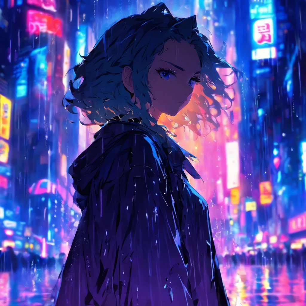 1 girl,City of night,rain,coat,put one&#39;s hand in one&#39;s pocket