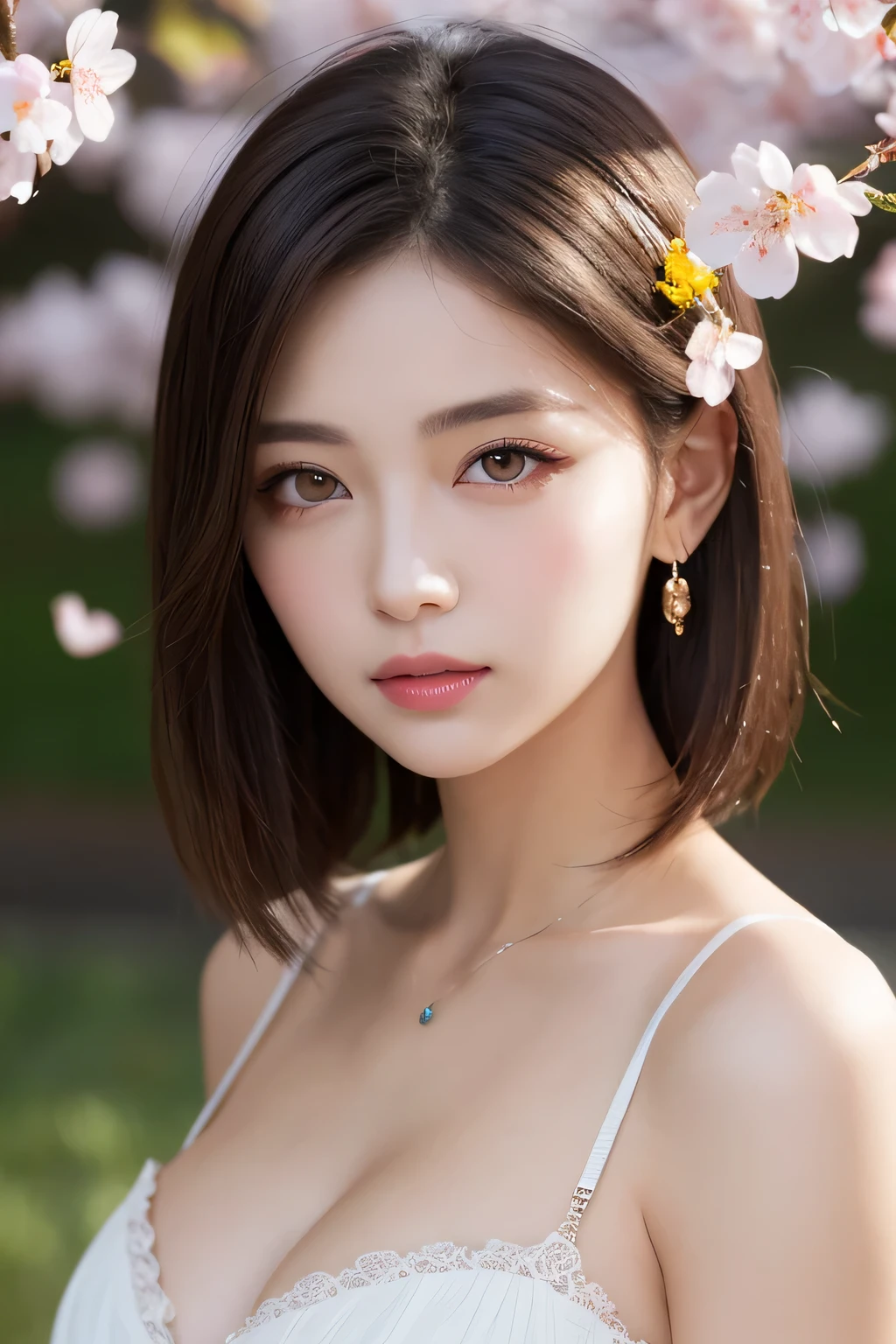 （（highest quality））， （（masterpiece））， （be familiar with：1.4）， HDR（high dynamic range），ray tracing，NVIDIA RTX，super resolution，fantasy 5，scattered below the surface，PBR texture，Post-processing，anisotropic filtering，written boundary depth，big breasts:1.3, maximum clarity and sharpness，multilayer texture，Albedo and specular maps，surface coloring，Accurate simulation of honey-material interactions，perfectly proportioned，Rendering with Octane，two color light，Large Diameter，Low ISO，White balance，rule 3 points、8K raw data、beautiful bright pupils，off shoulder clothes，Respectable students，delicate face and eyes，long eyelashes，blush，delicate and fluffy hair，pink lips，Pure，cute big breasts，sweet girl，artistic sense，advanced sense，butterfly，cherry blossom petals，beautiful hair accessories