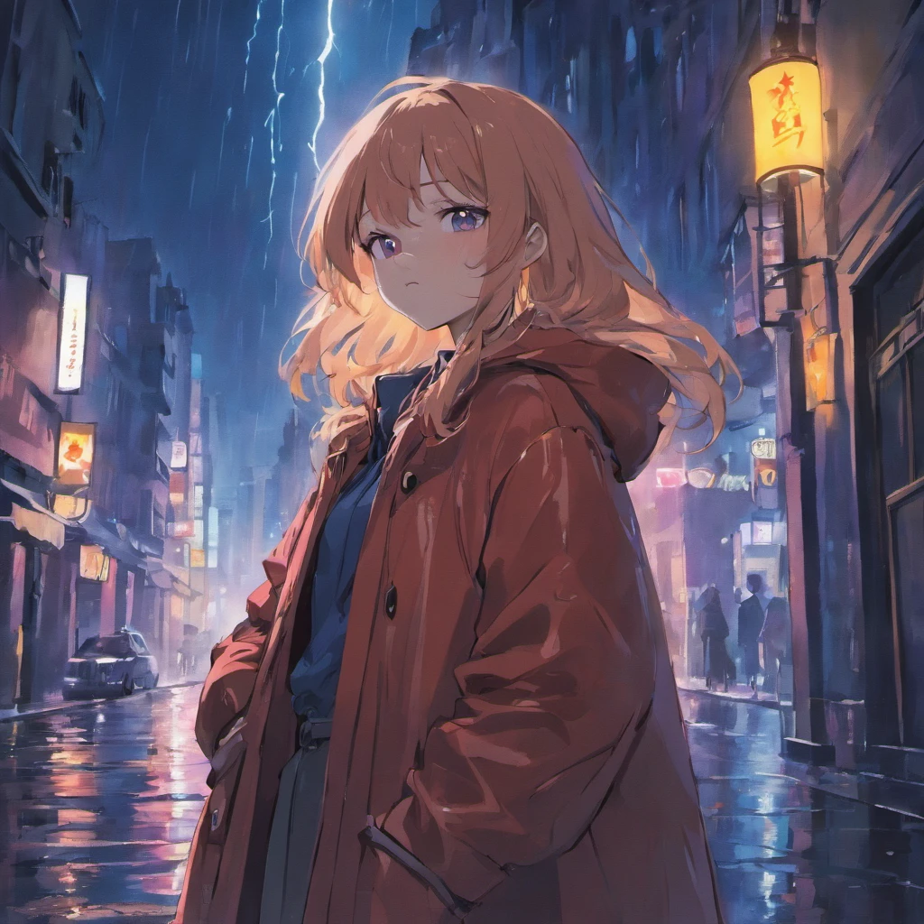 1 girl,City of night,rain,coat,put one's hand in one's pocket