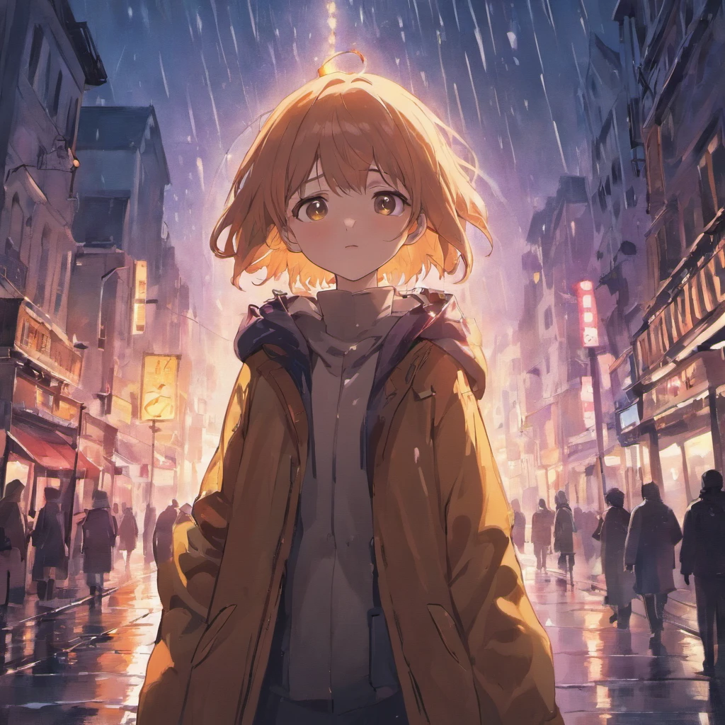 1 girl,City of night,rain,coat,put one&#39;s hand in one&#39;s pocket
