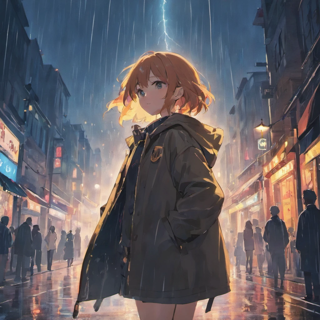 1 girl,City of night,rain,coat,put one's hand in one's pocket
